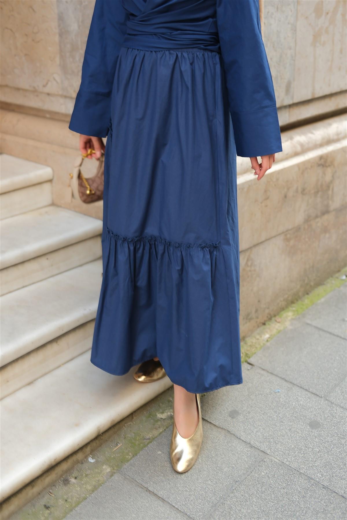 Büzgü Detaylı Etek Lacivert