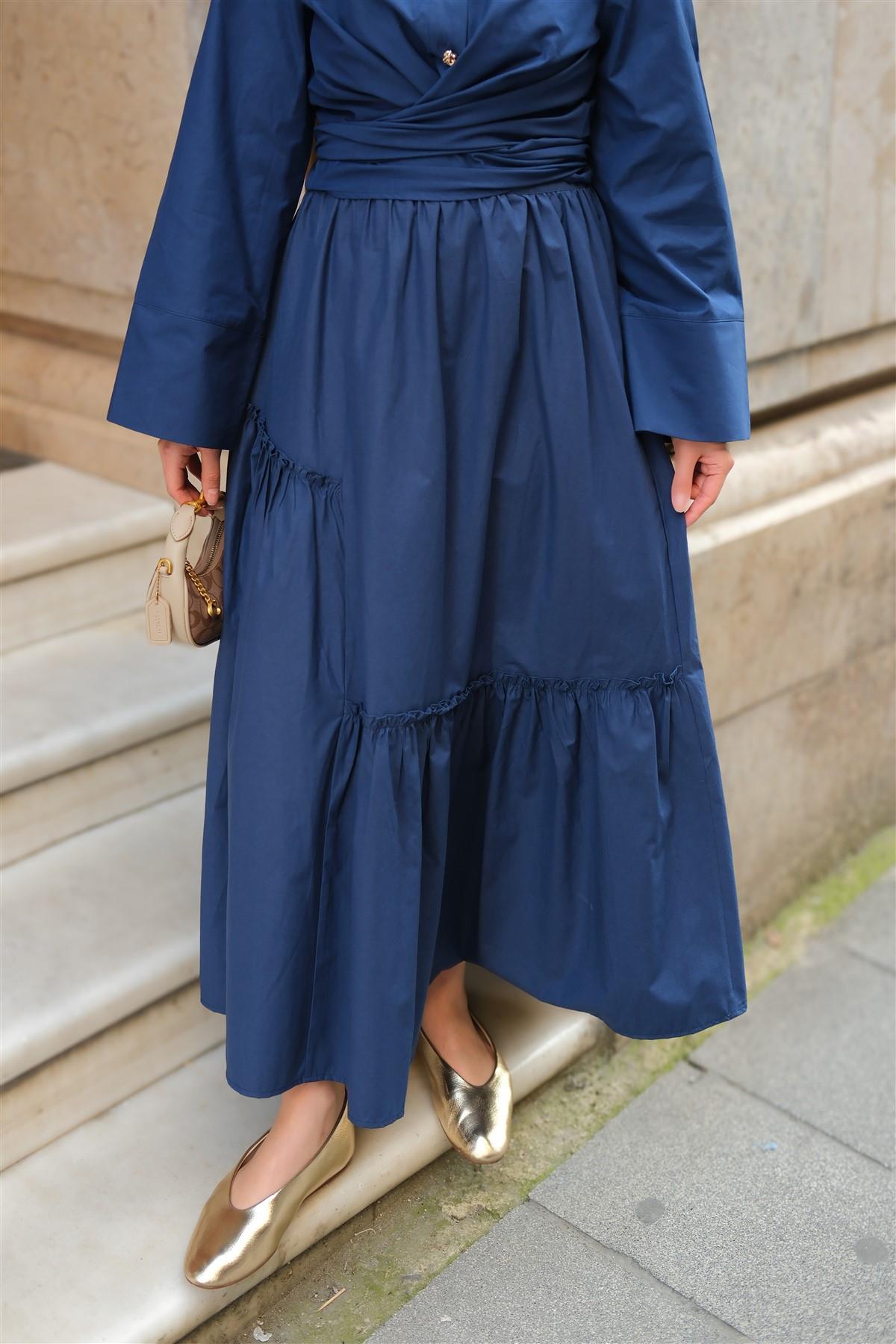 Büzgü Detaylı Etek Lacivert
