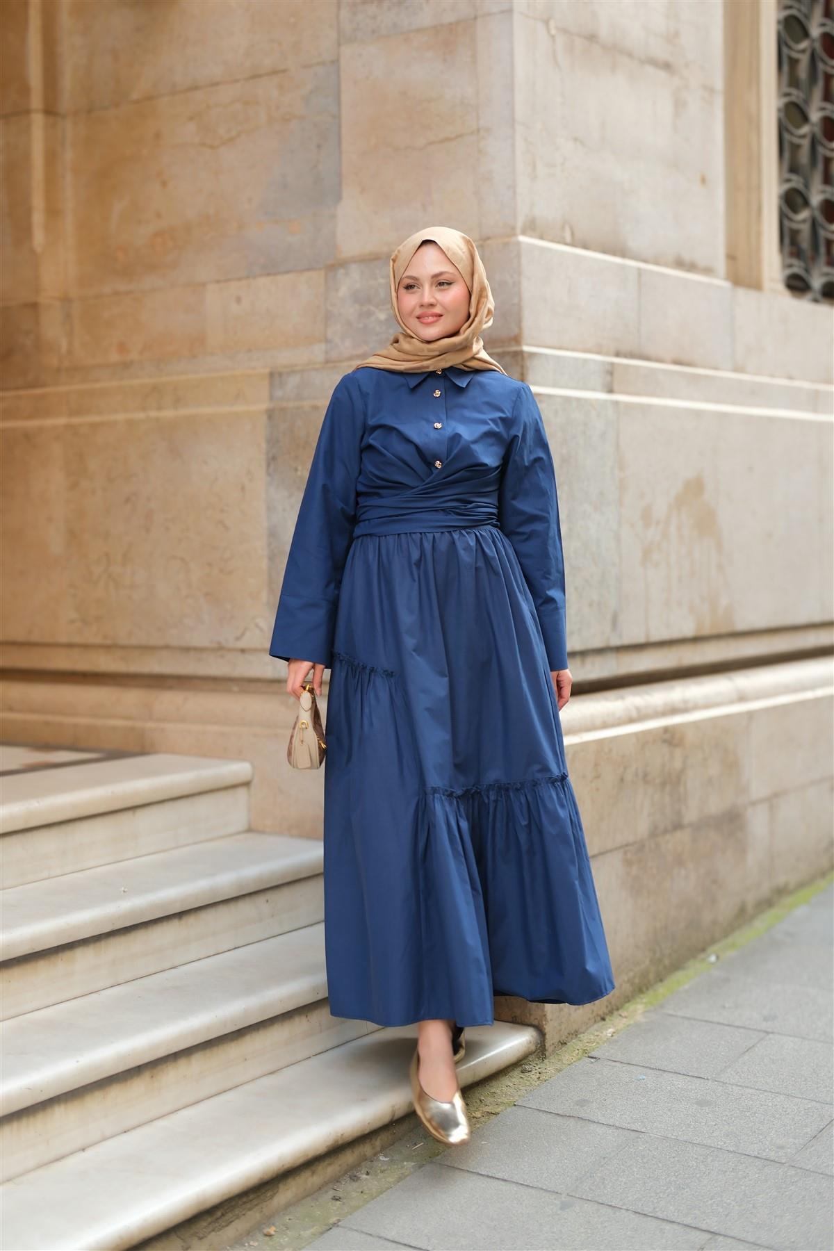 Büzgü Detaylı Etek Lacivert