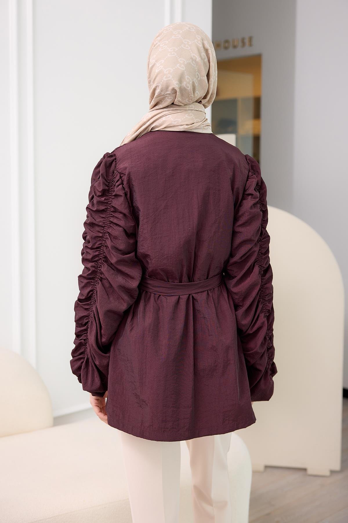 Büzgü Detaylı Fermuarlı Ceket  Bordo