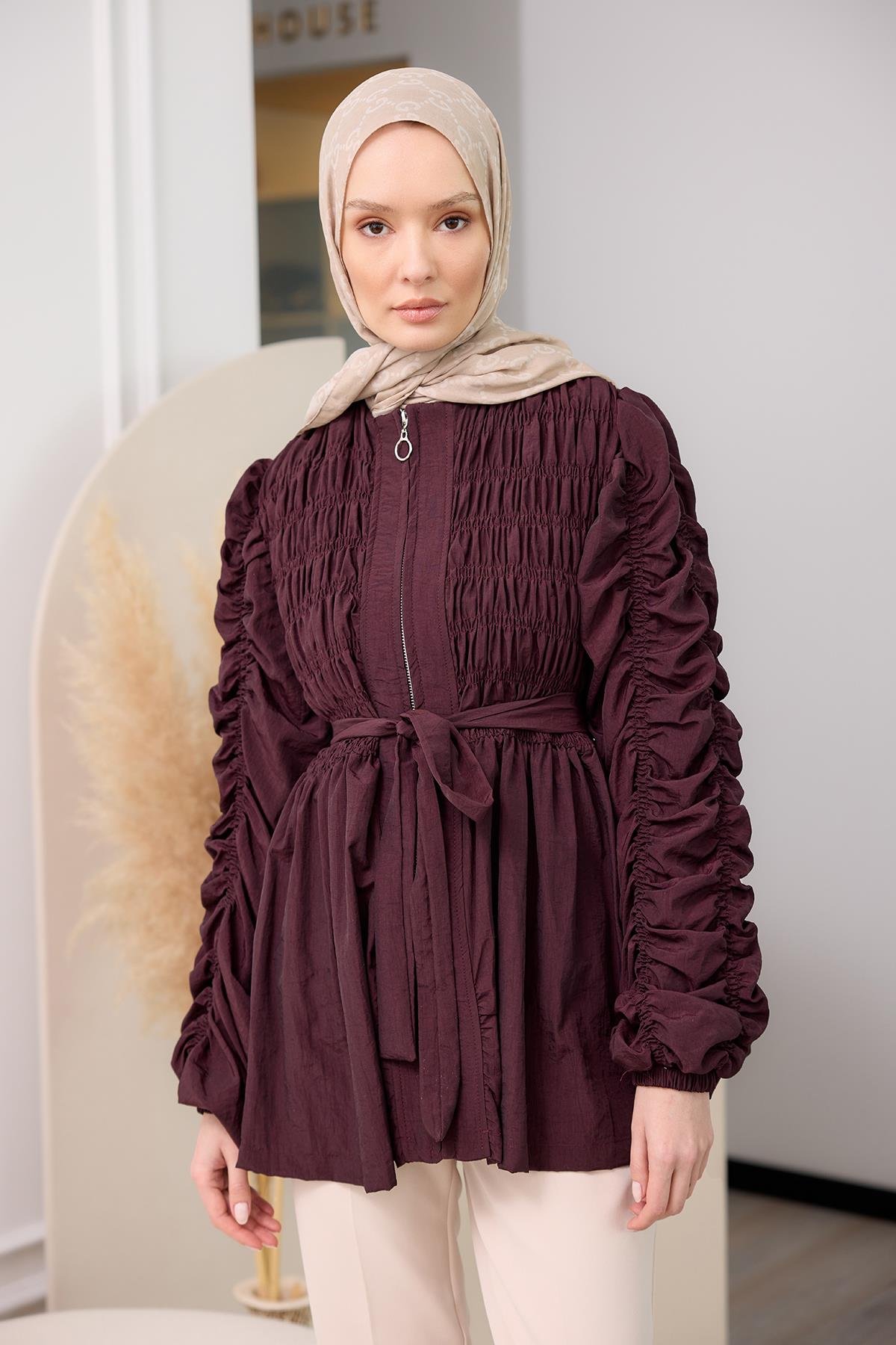 Büzgü Detaylı Fermuarlı Ceket  Bordo