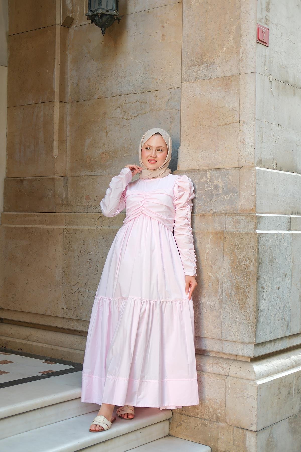 Büzgülü Poplin Elbise Pembe