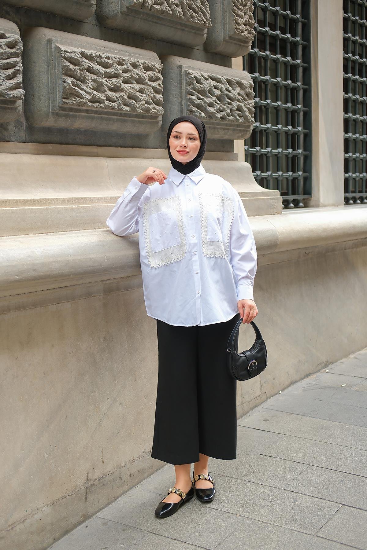 Cep Brode Detaylı Gömlek Beyaz