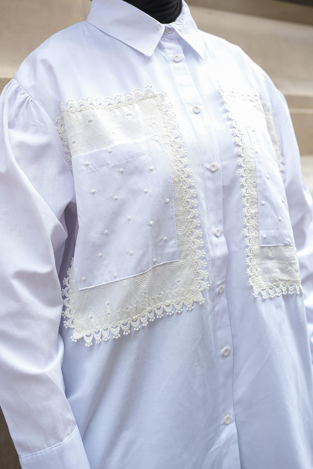 Cep Brode Detaylı Gömlek Beyaz