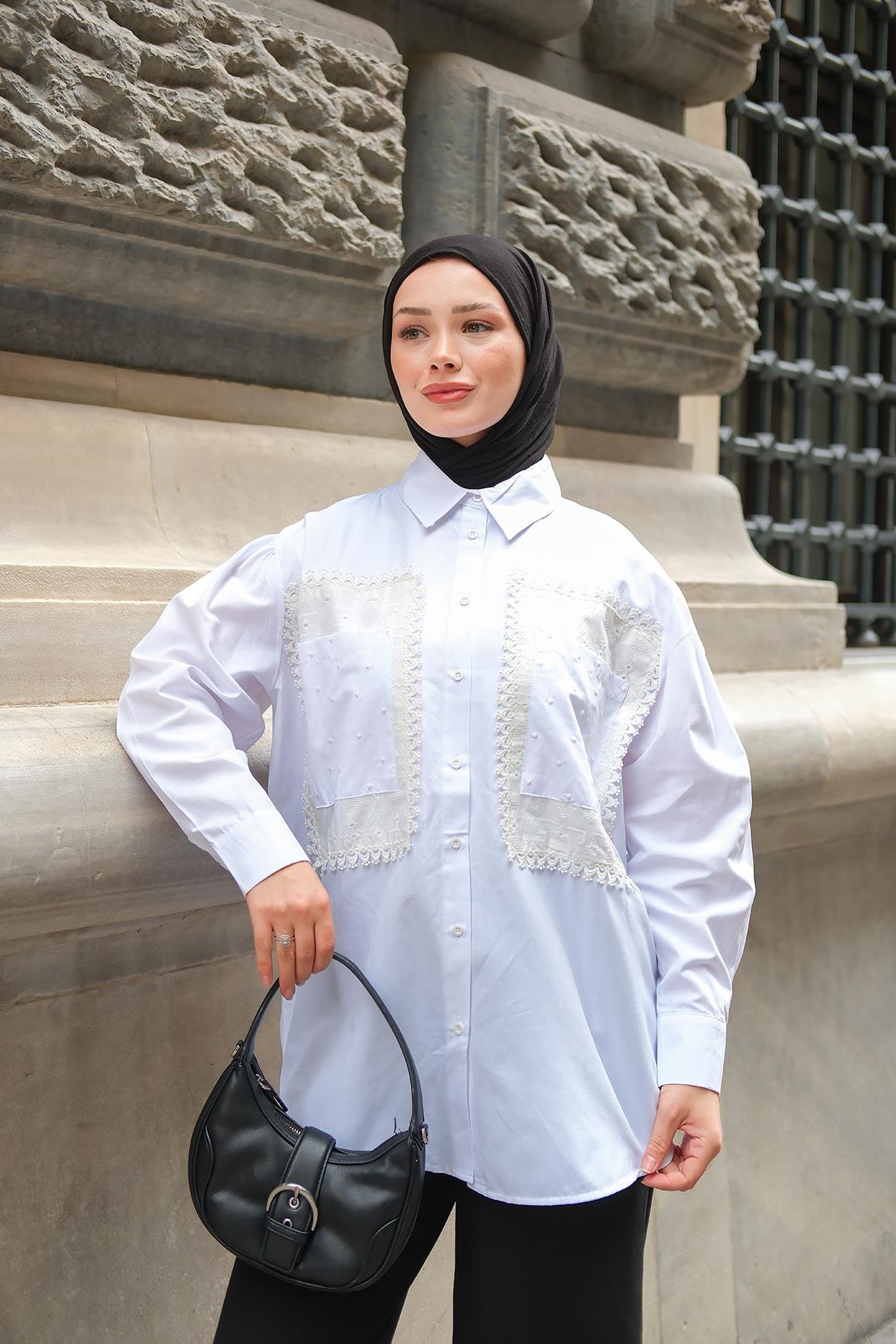 Cep Brode Detaylı Gömlek Beyaz