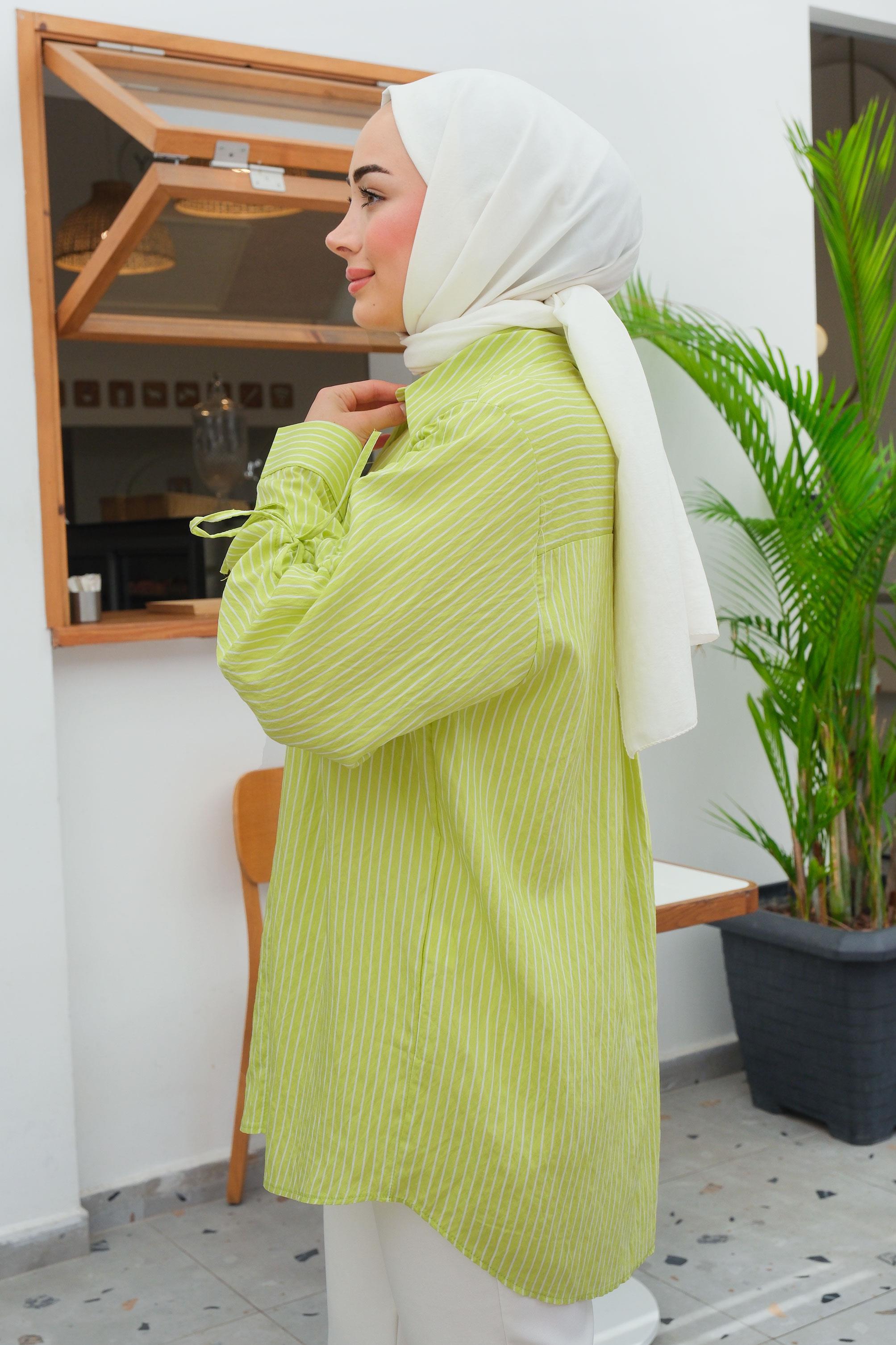 Cep Detay Çizgili Gömlek Fıstık Yeşil