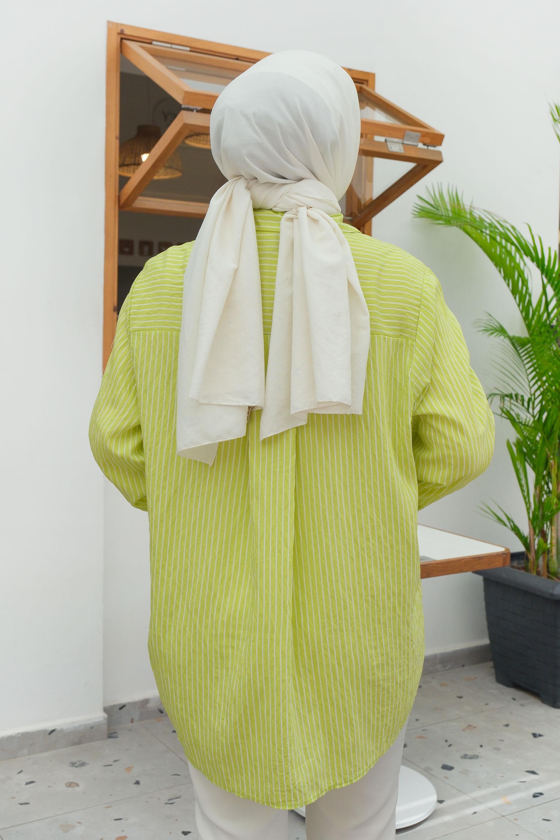 Cep Detay Çizgili Gömlek Fıstık Yeşil