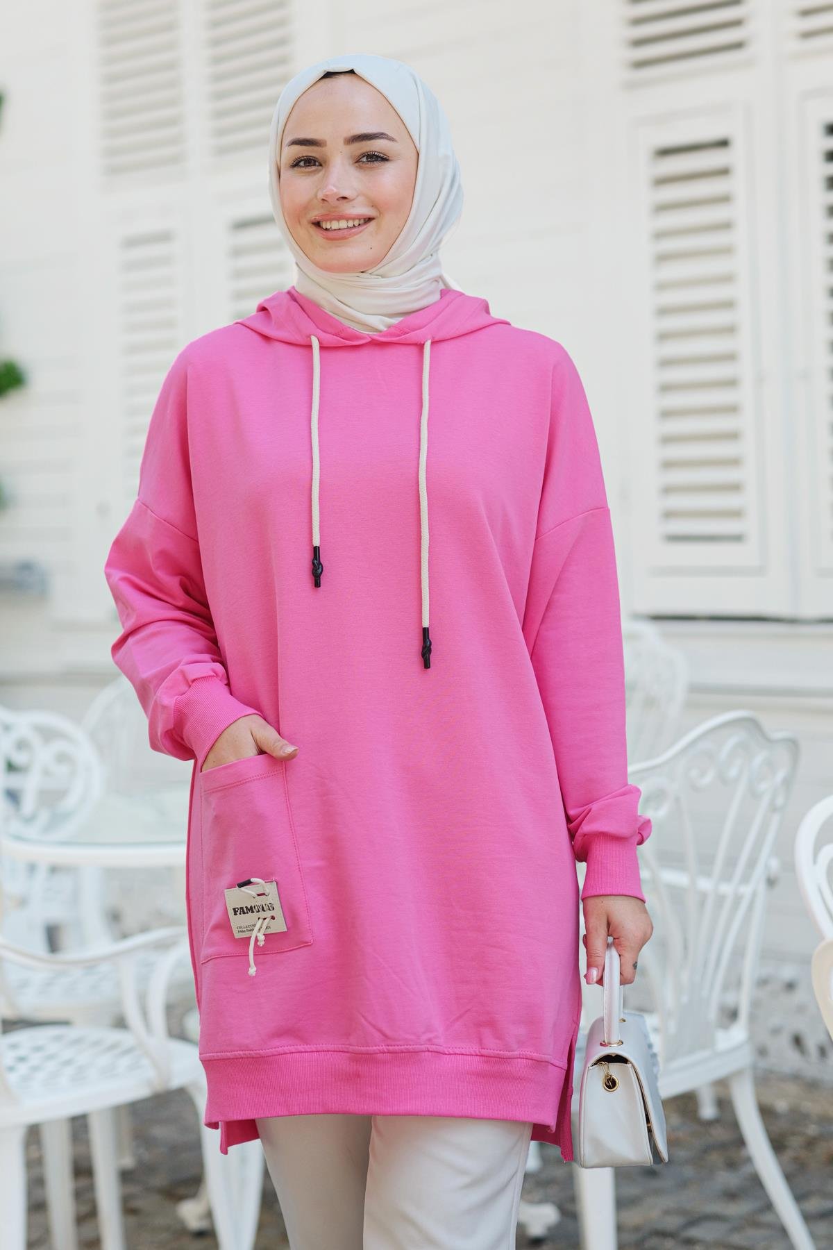Cep Detay Kapüşonlu Tunik Pembe