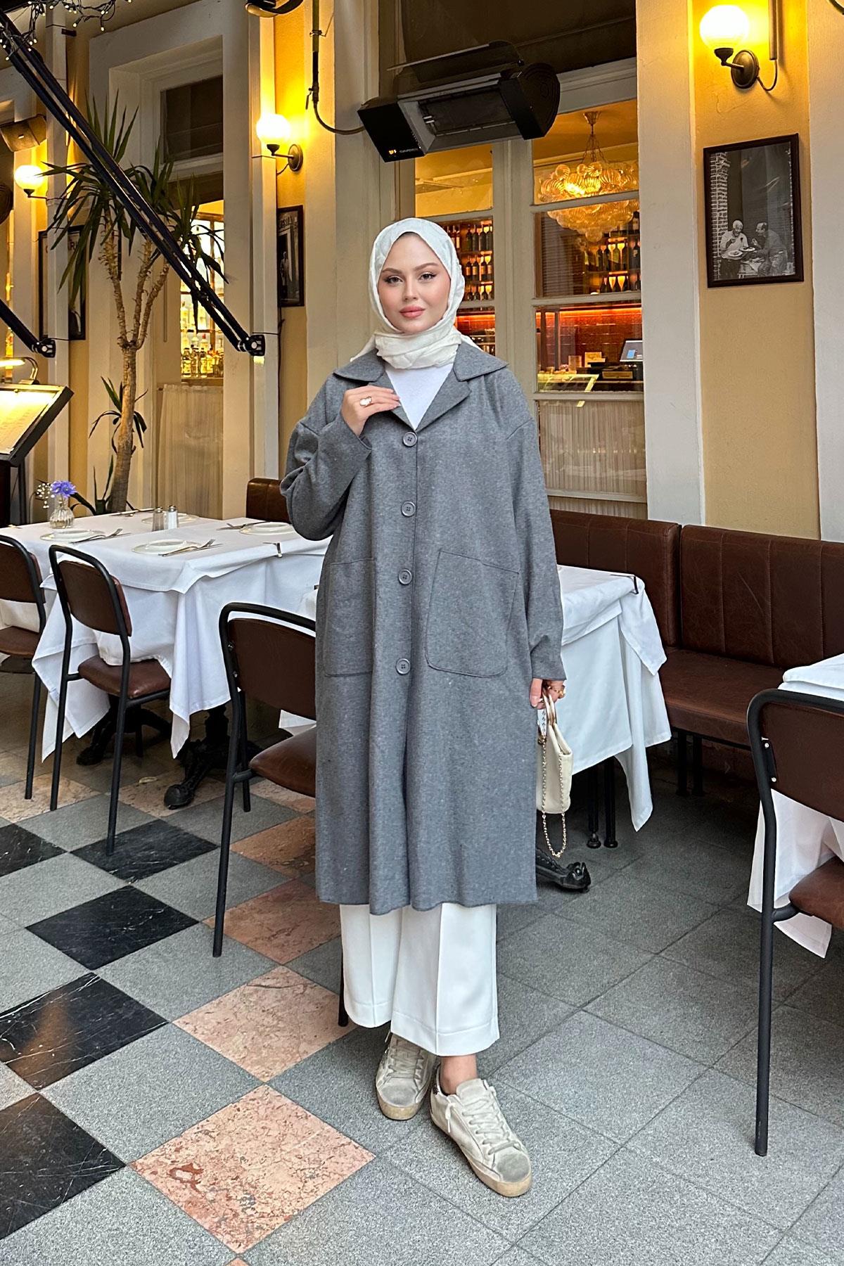 Cep Detaylı Ara Boy Kaşe Gri