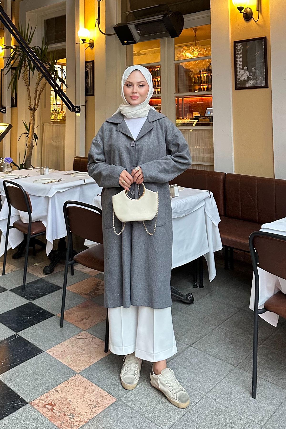 Cep Detaylı Ara Boy Kaşe Gri