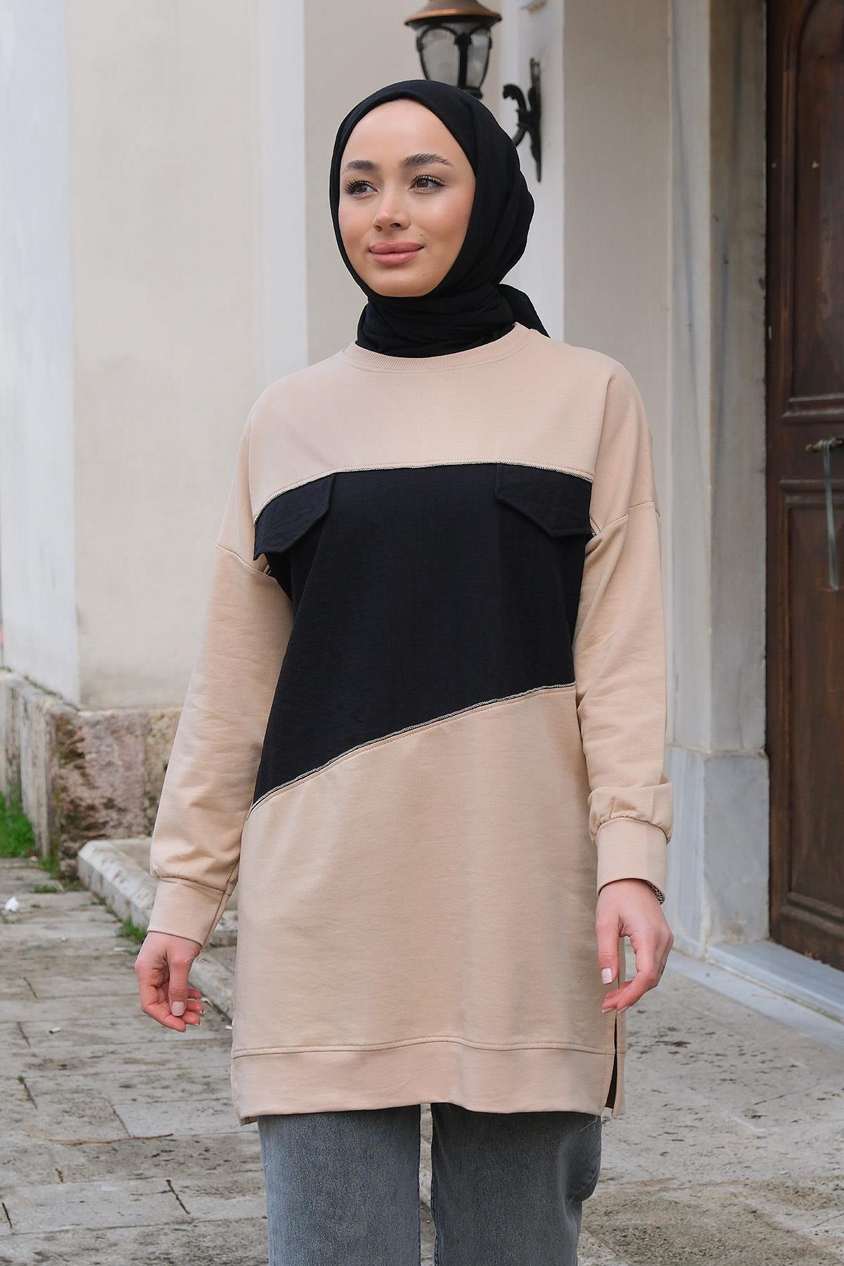 Cep Kapaklı Garnili Tunik  Krem