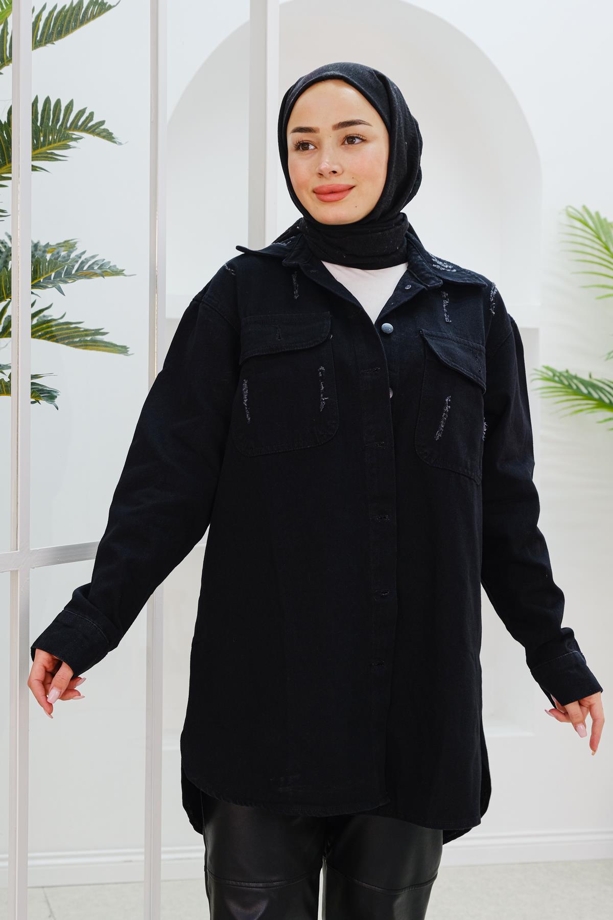Cep Ve Düğme Detay Kot Ceket  Siyah