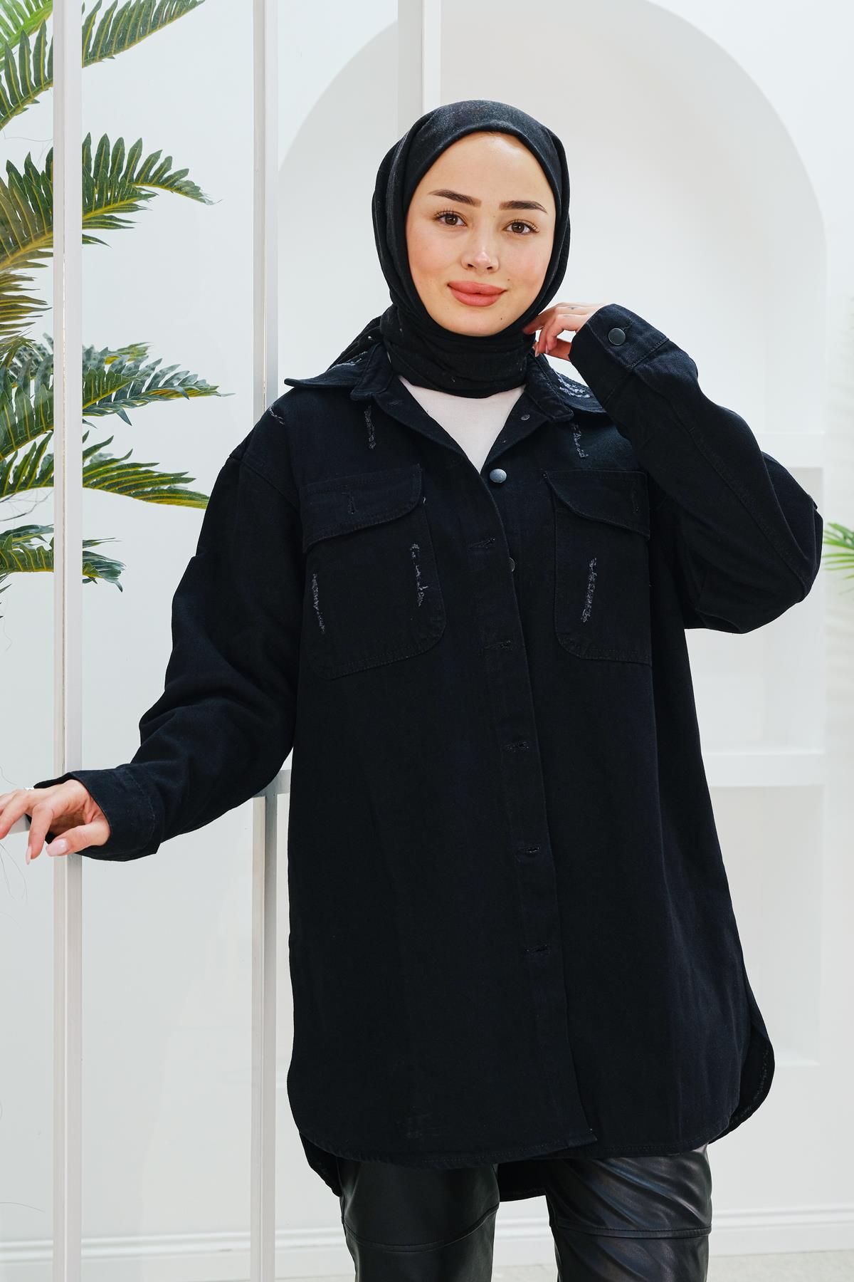 Cep Ve Düğme Detay Kot Ceket  Siyah