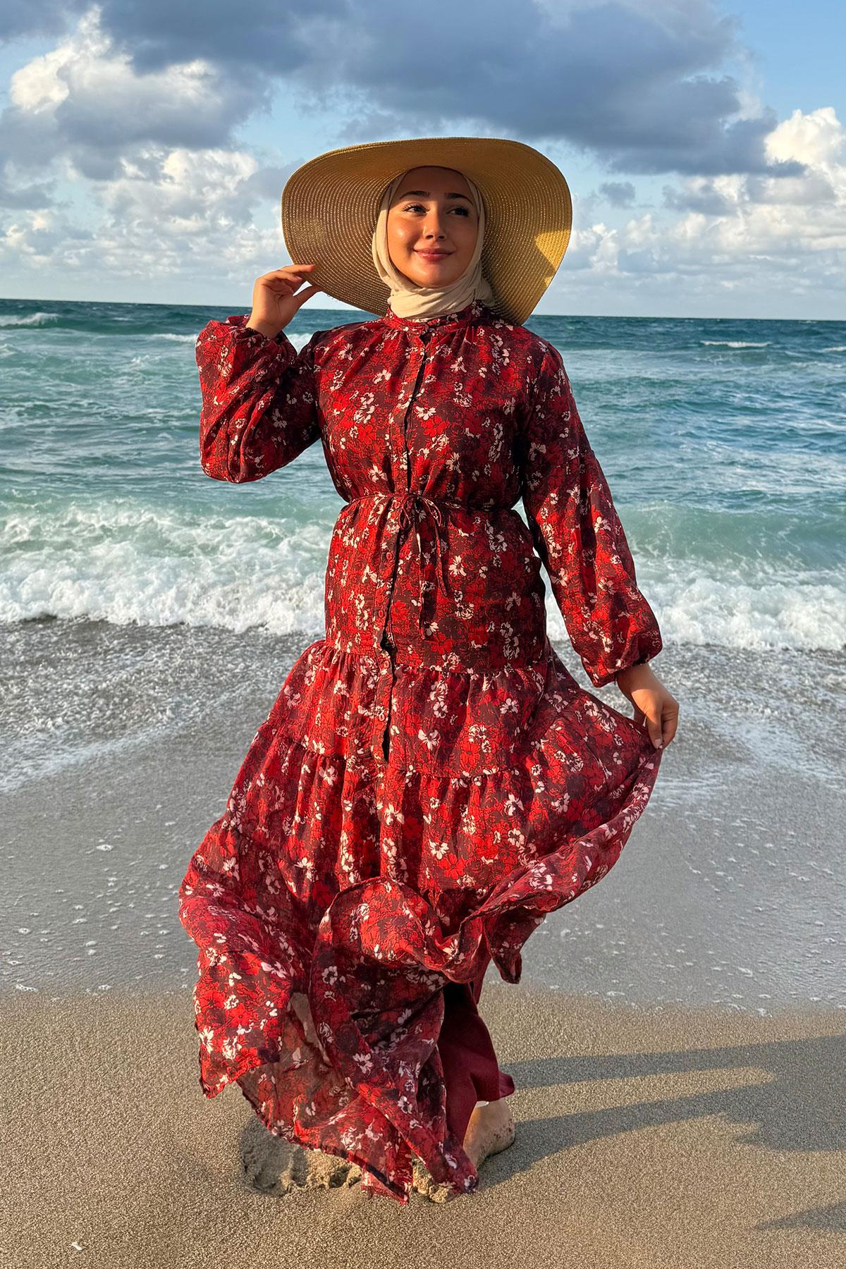 Çiçek Desen Elbise Bordo