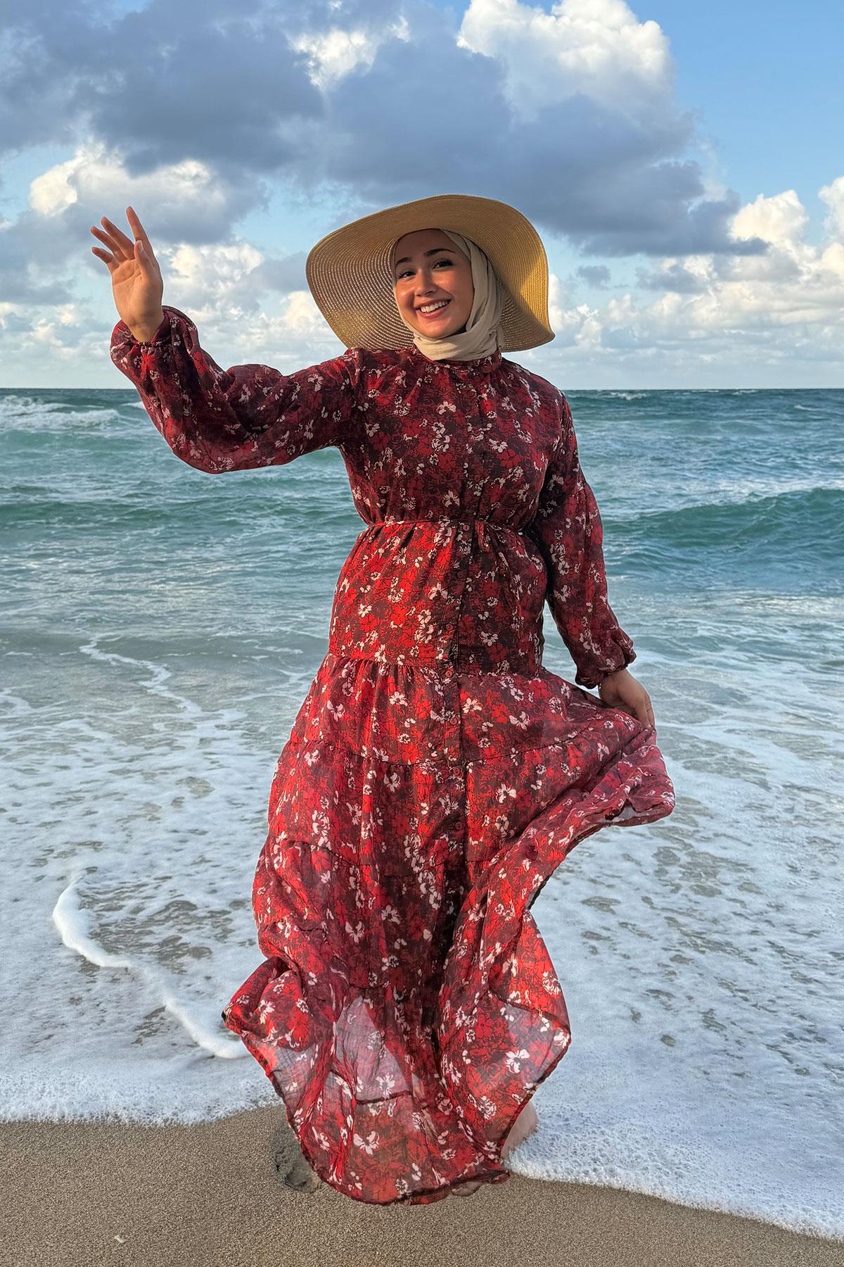 Çiçek Desen Elbise Bordo