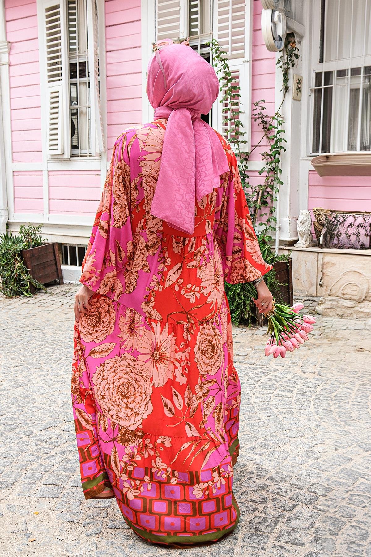 Çiçek Desen Elbise Fuşya