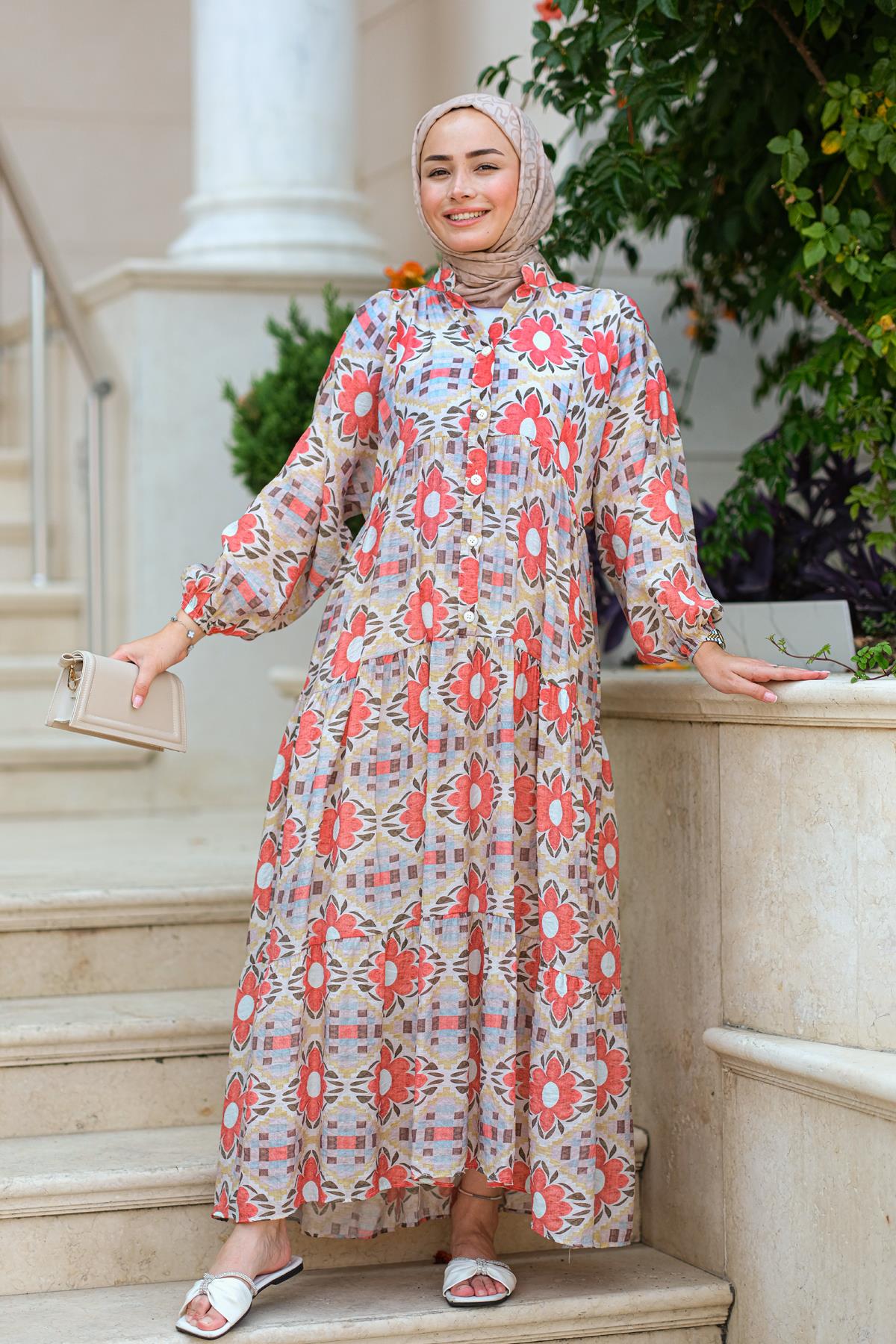 Çiçek Desen Elbise  Kırmızı