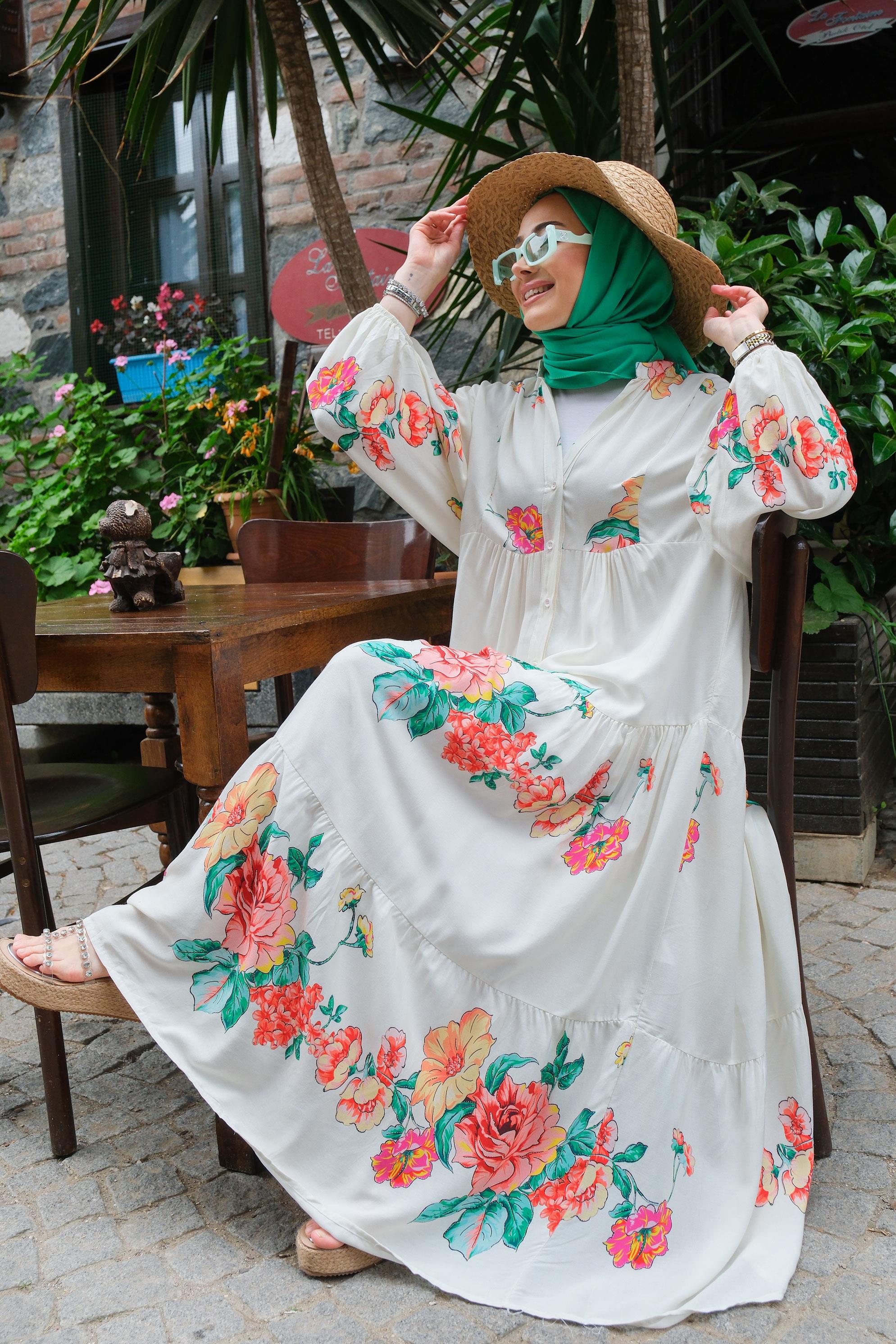 Çiçek Desen Elbise Krem-Fuşya