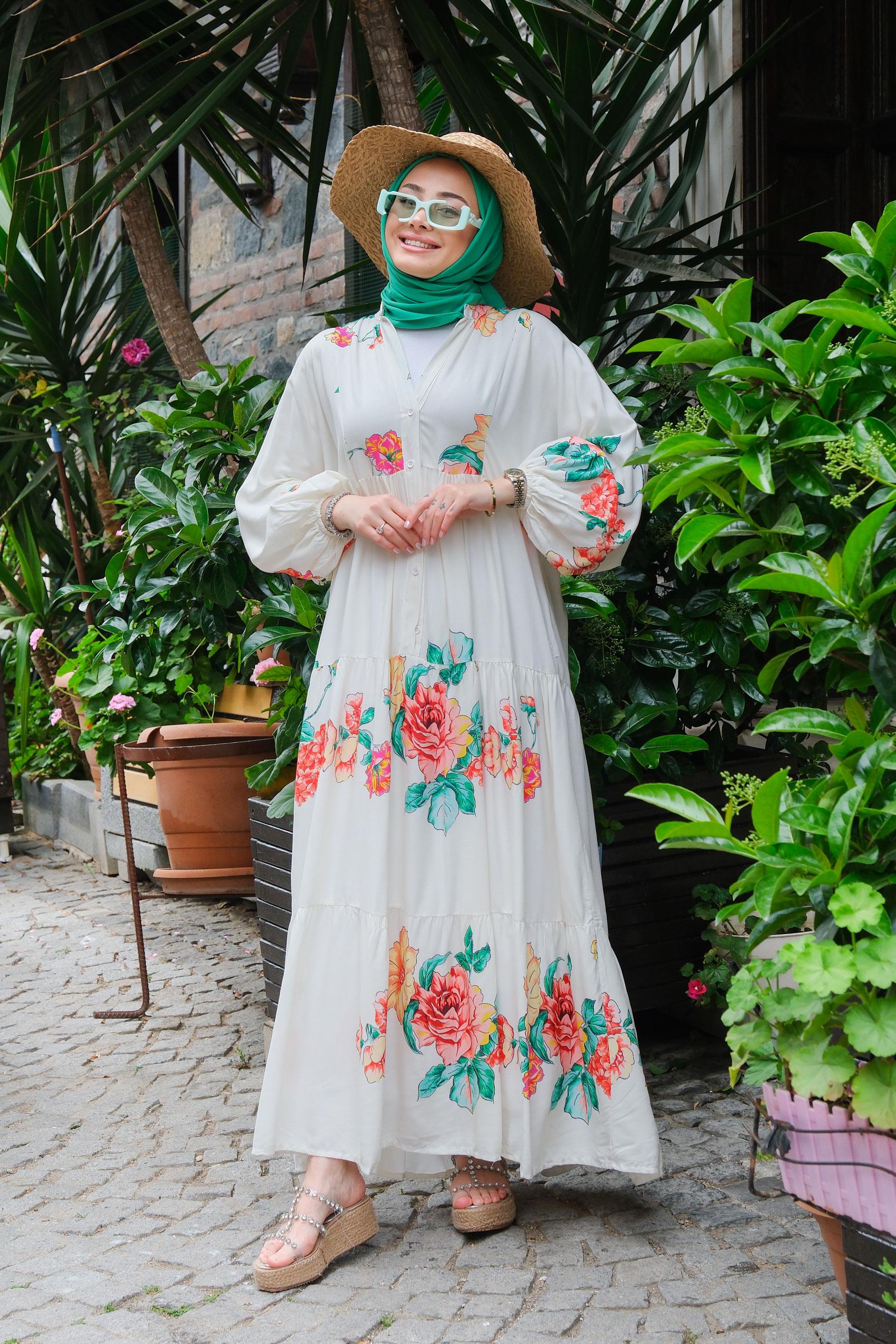 Çiçek Desen Elbise Krem-Fuşya