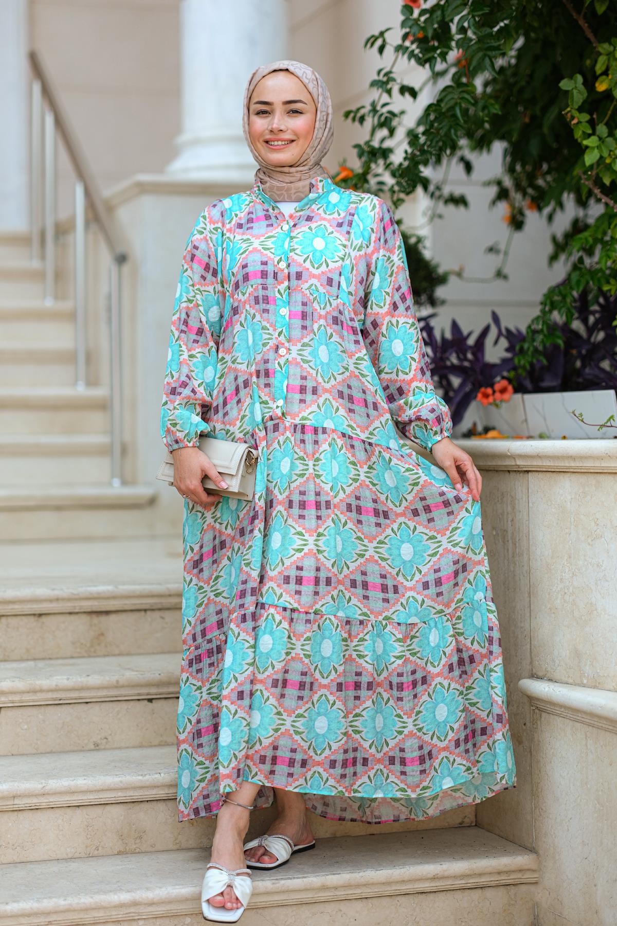 Çiçek Desen Elbise  Mavi