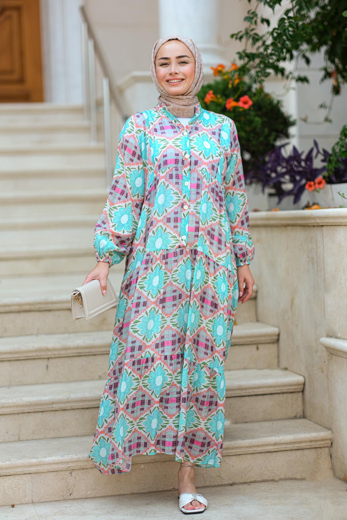 Çiçek Desen Elbise  Mavi