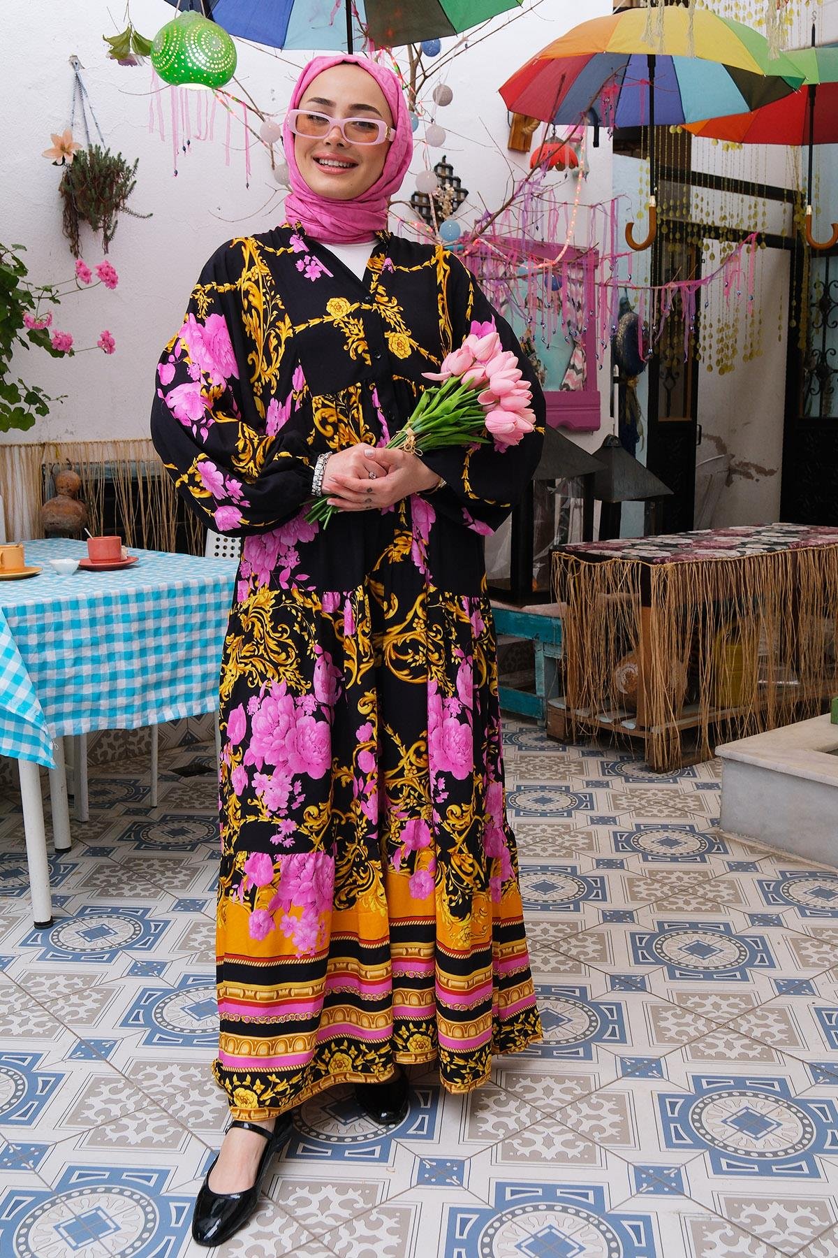 Çiçek Desen Elbise Siyah