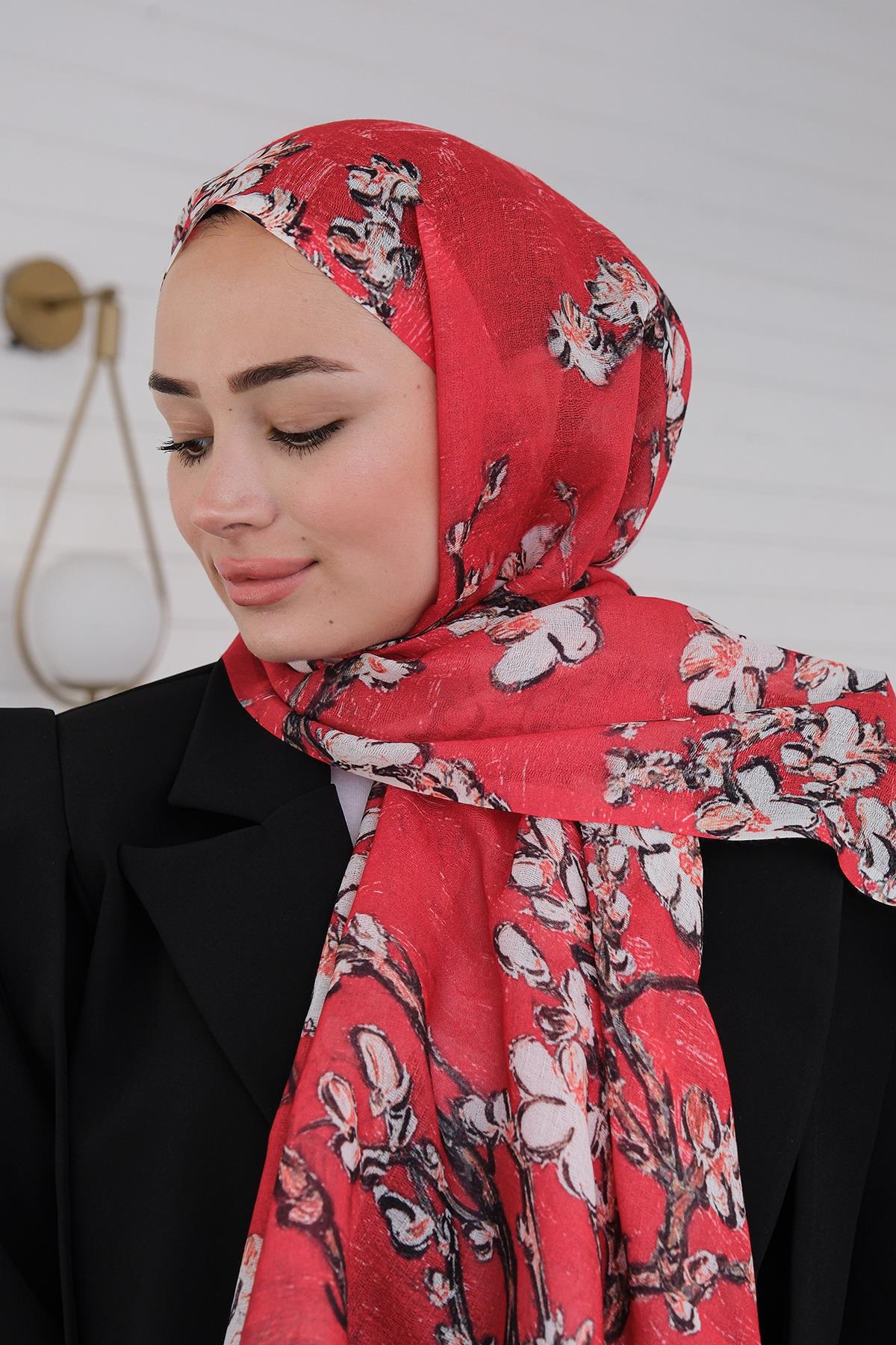 Çicek Desen Şal Kırmızı