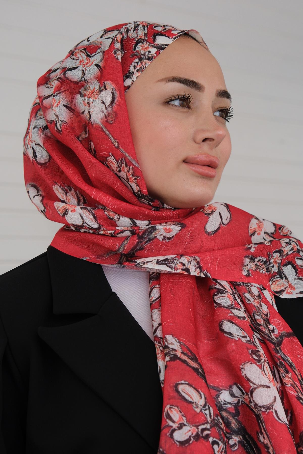 Çicek Desen Şal Kırmızı