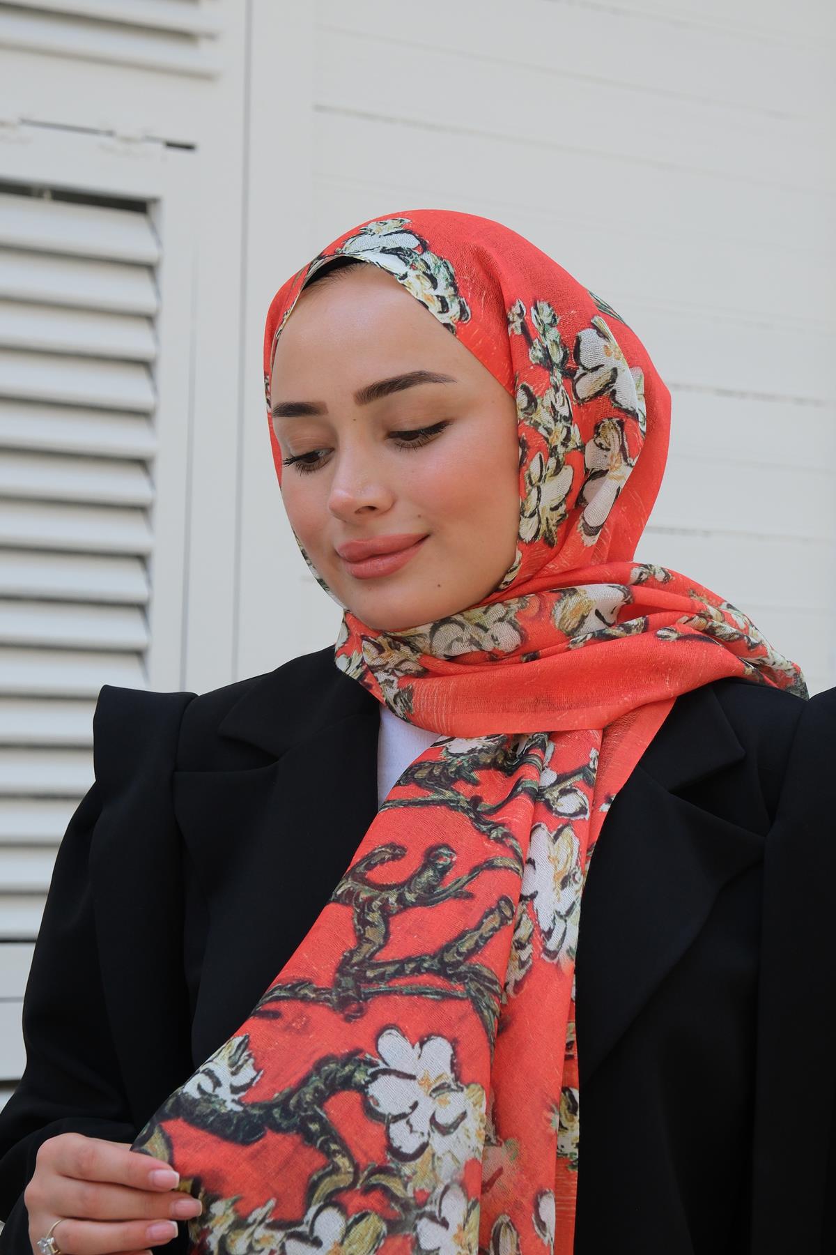 Çicek Desen Şal Turuncu