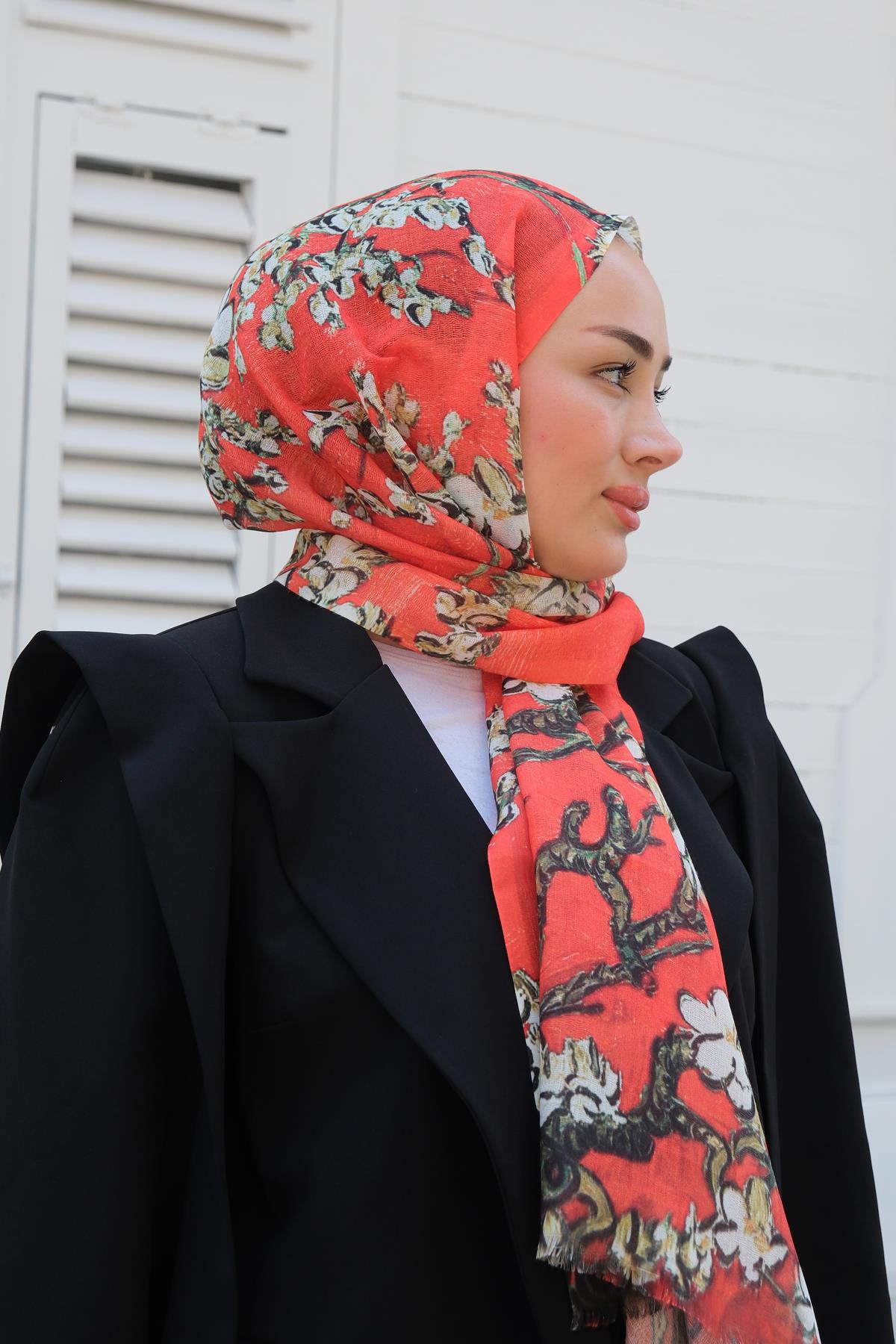 Çicek Desen Şal Turuncu