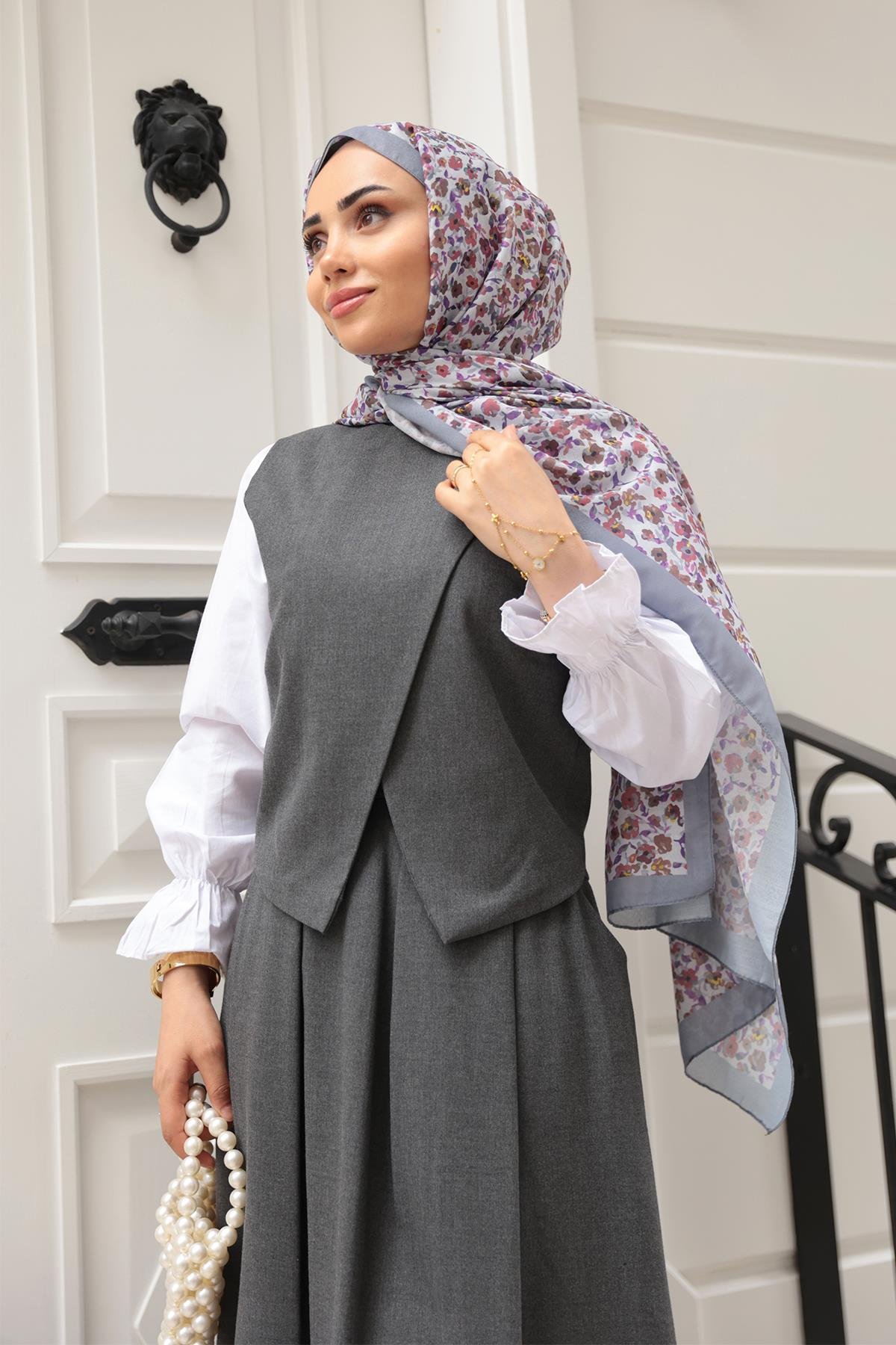 Çicek Desen Soft Şal Gri