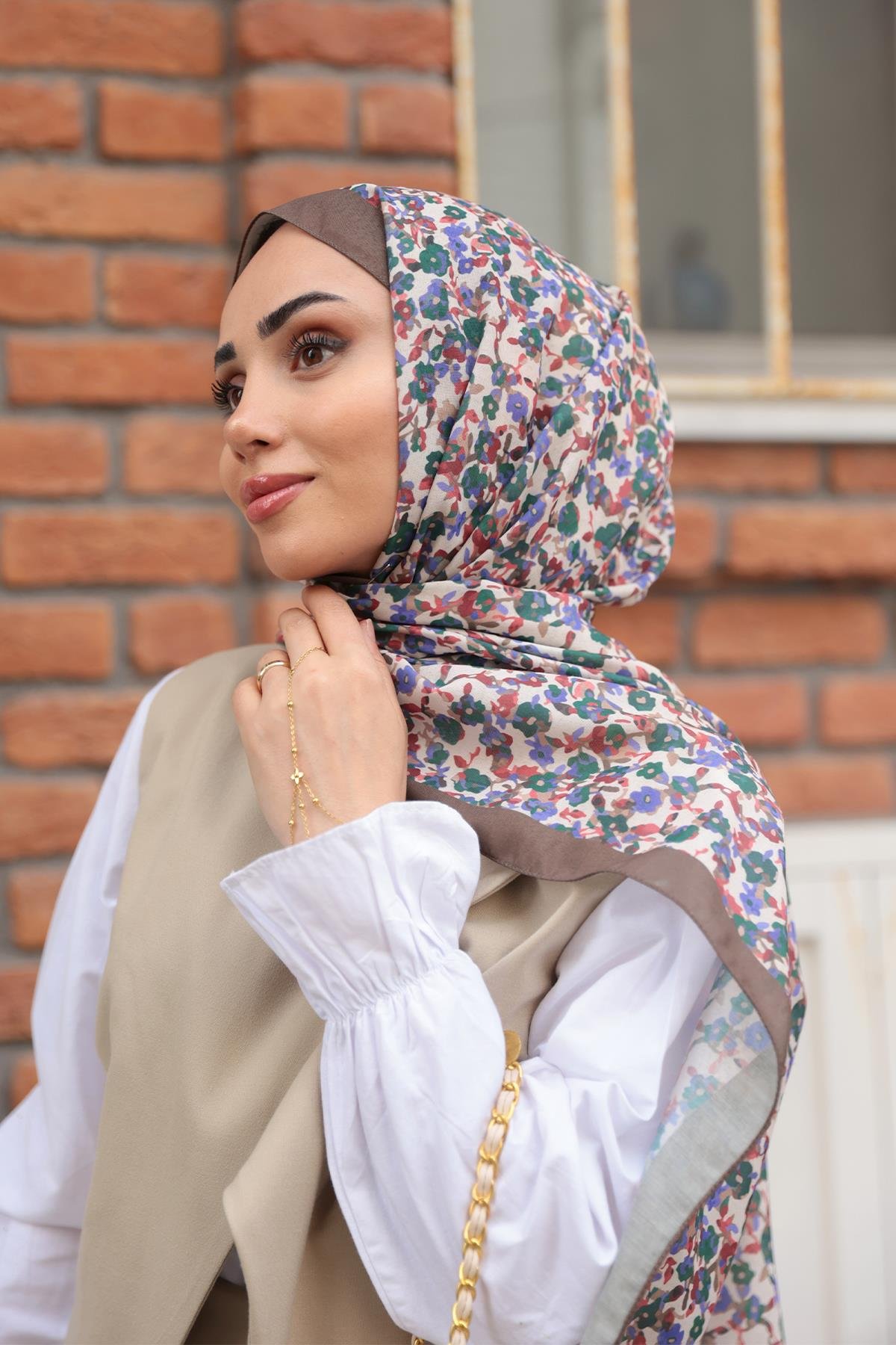 Çicek Desen Soft Şal Kahverengi