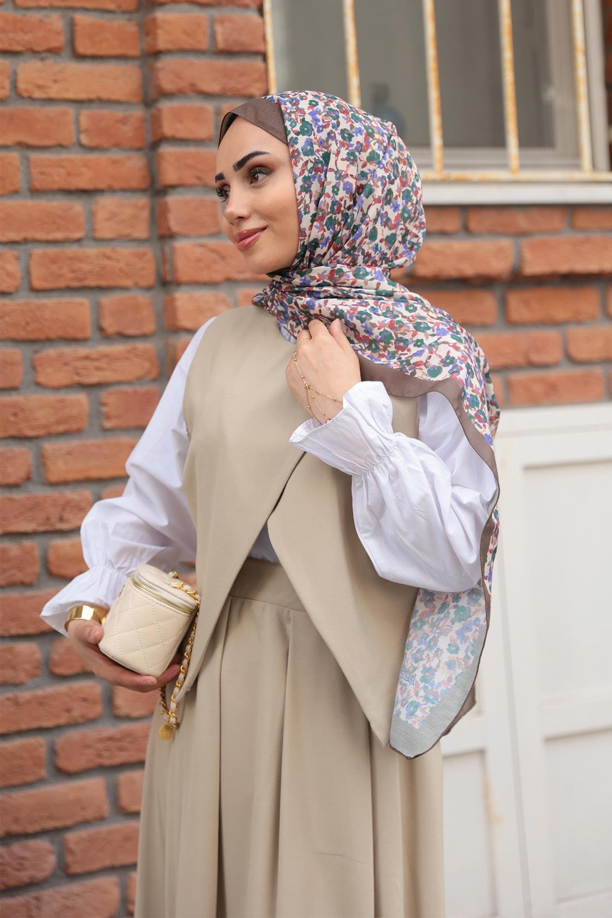 Çicek Desen Soft Şal Kahverengi