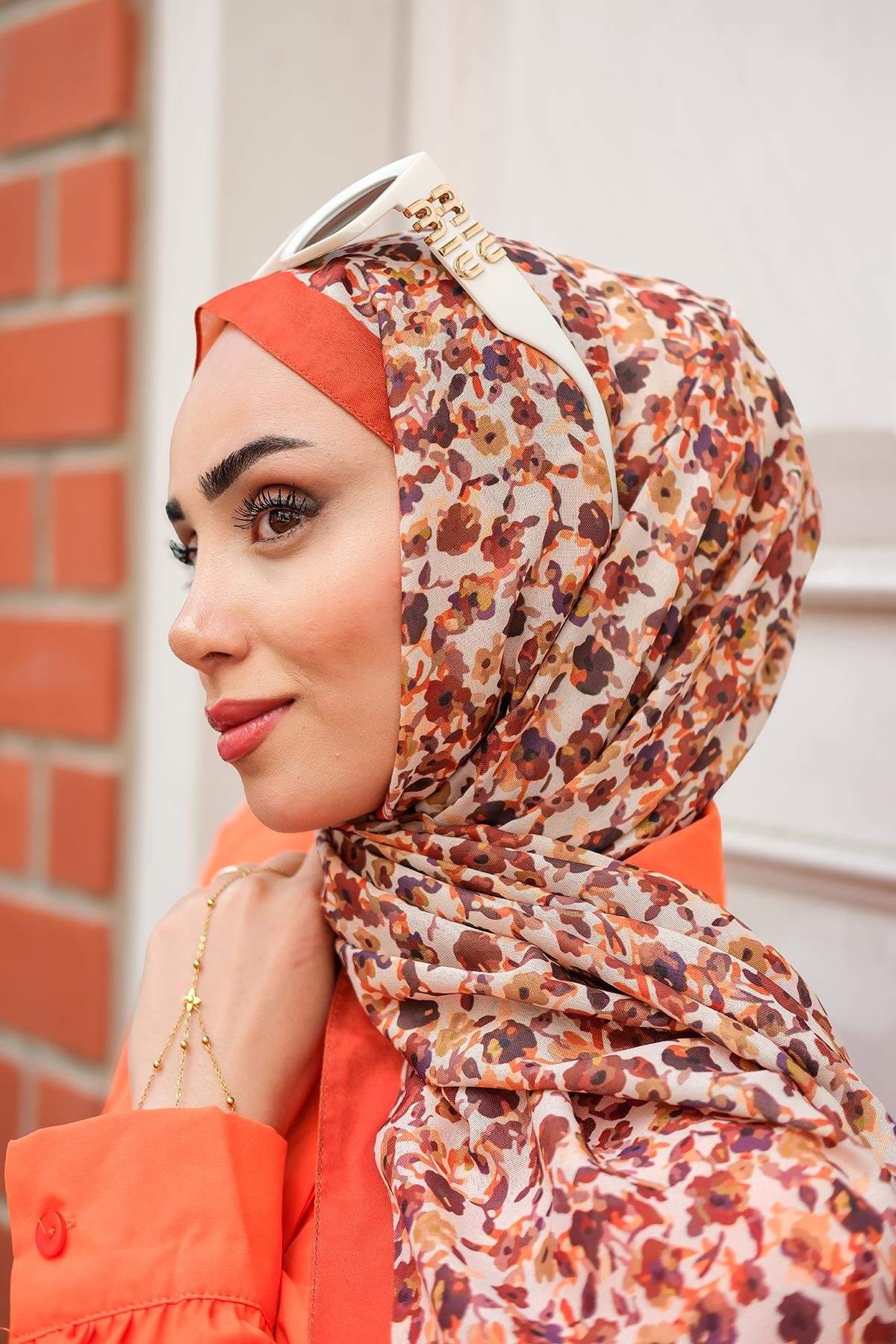 Çicek Desen Soft Şal Kiremit