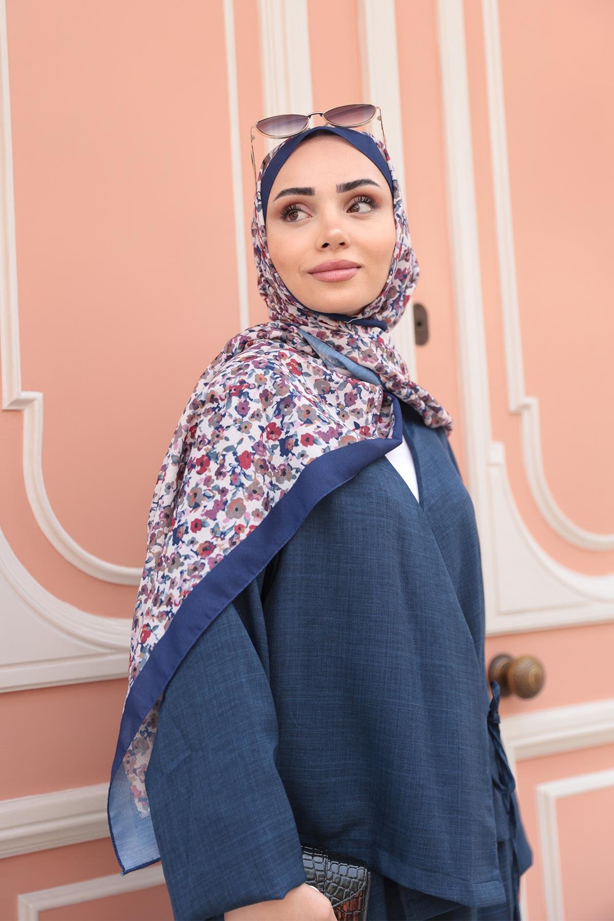 Çicek Desen Soft Şal Lacivert