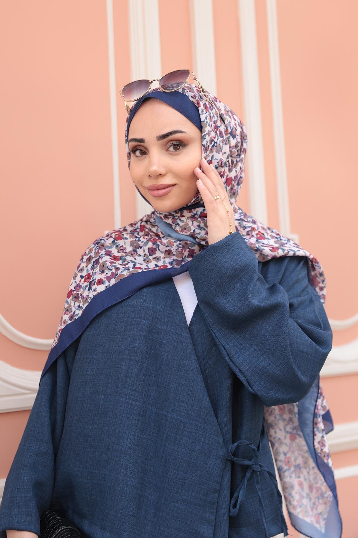 Çicek Desen Soft Şal Lacivert