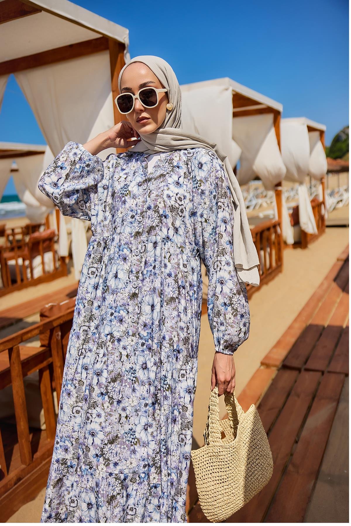 Çicek Desenli Elbise Lila