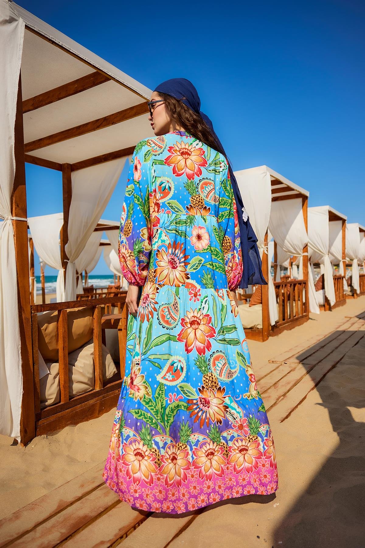 Çicek Desenli Elbise Mavi