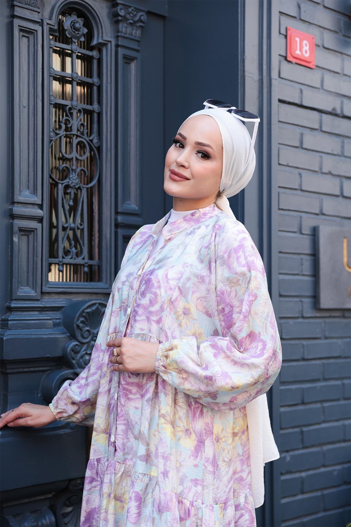 Çicek Desenli Elbise Mor