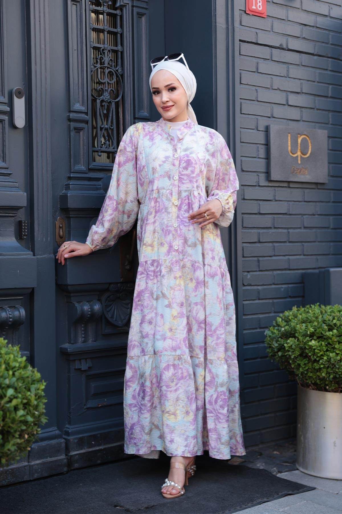 Çicek Desenli Elbise Mor