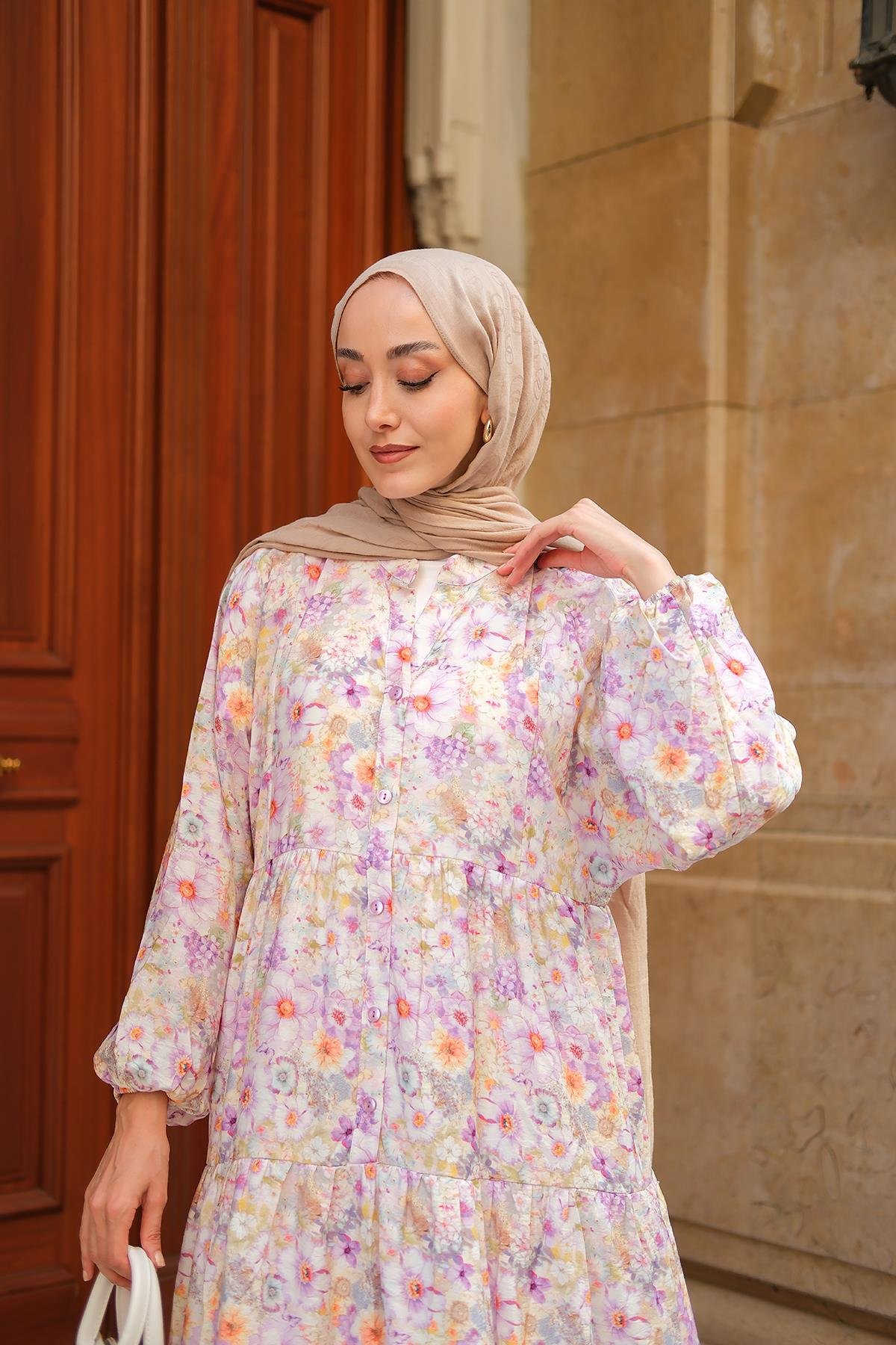 Çicek Desenli Elbise Mor