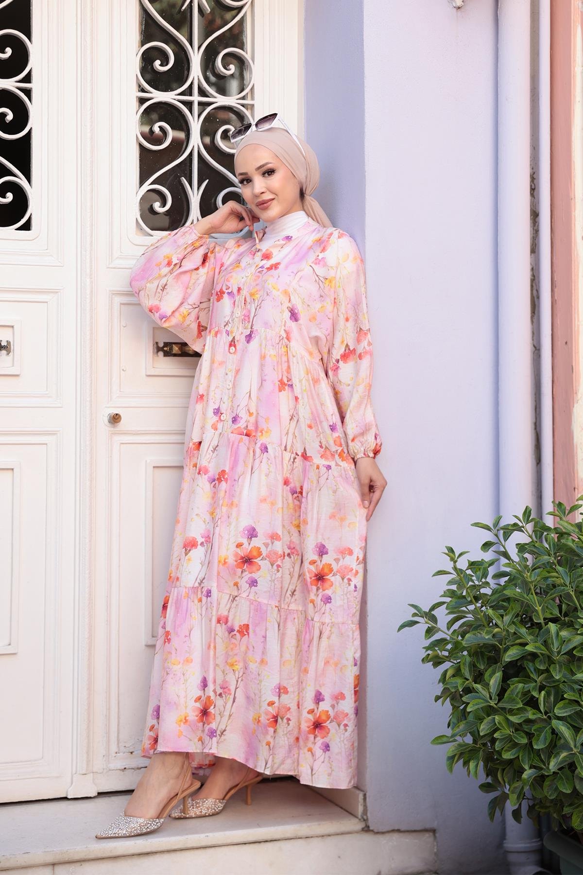 Çicek Desenli Elbise Pembe