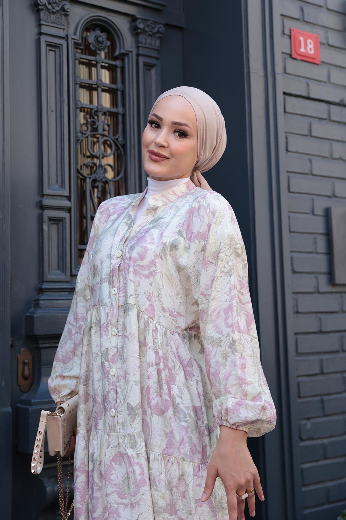 Çicek Desenli Elbise Su Yeşil