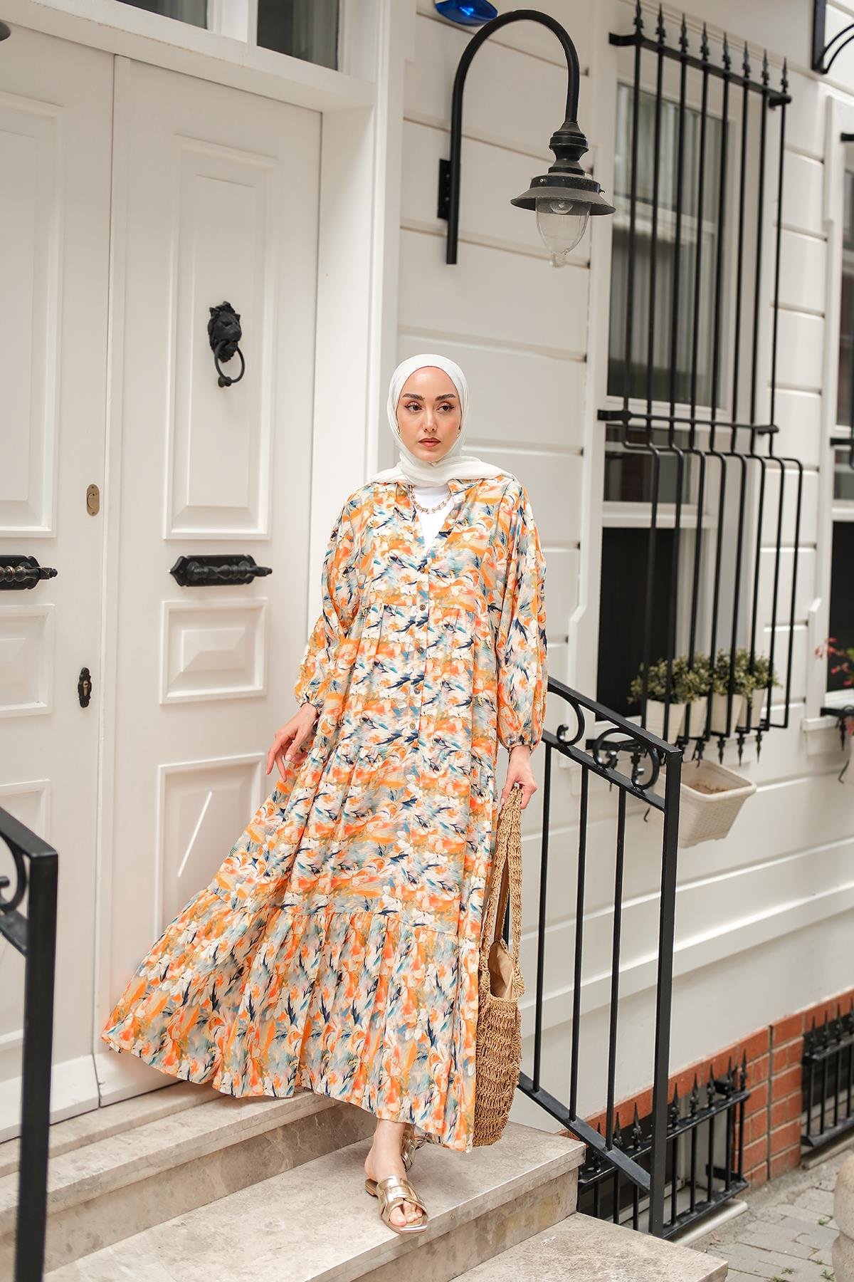 Çicek Desenli Elbise Turuncu