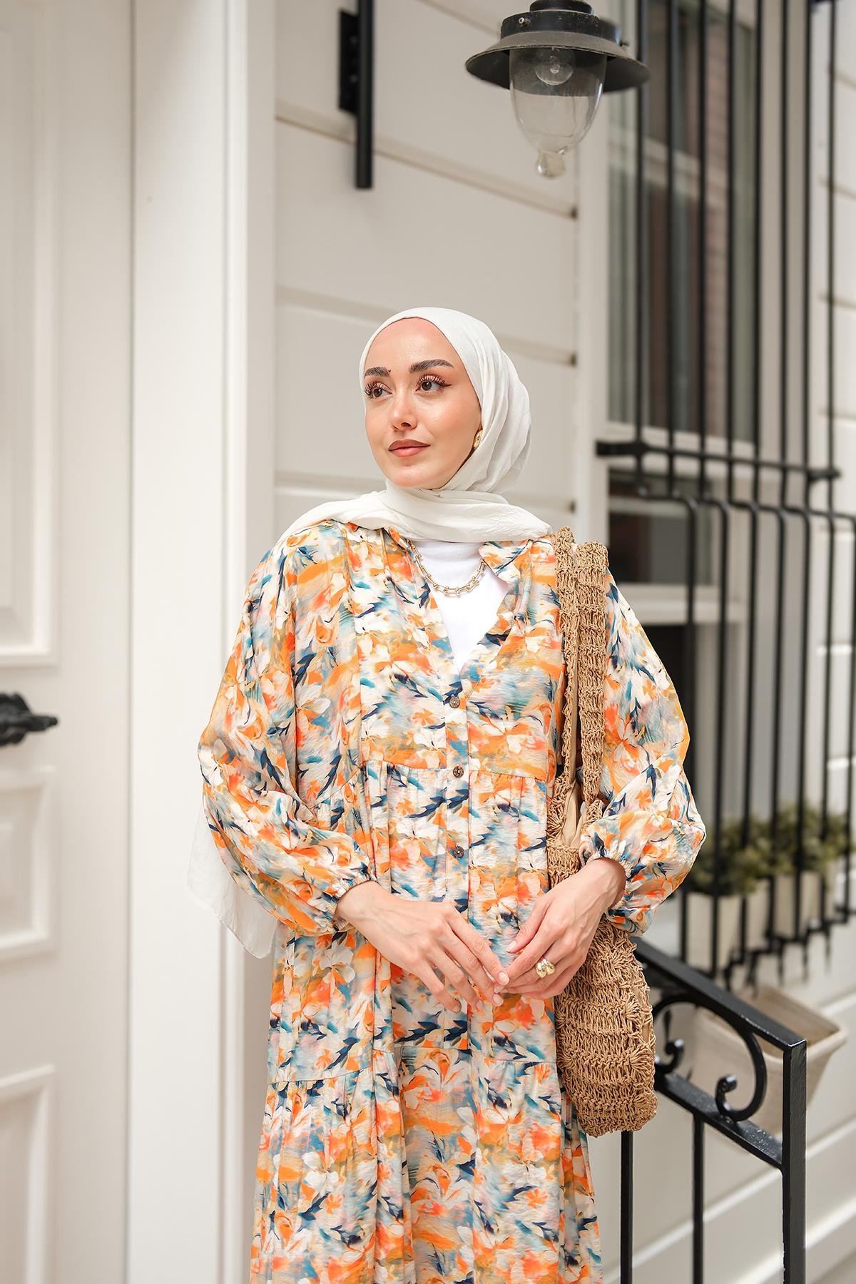 Çicek Desenli Elbise Turuncu