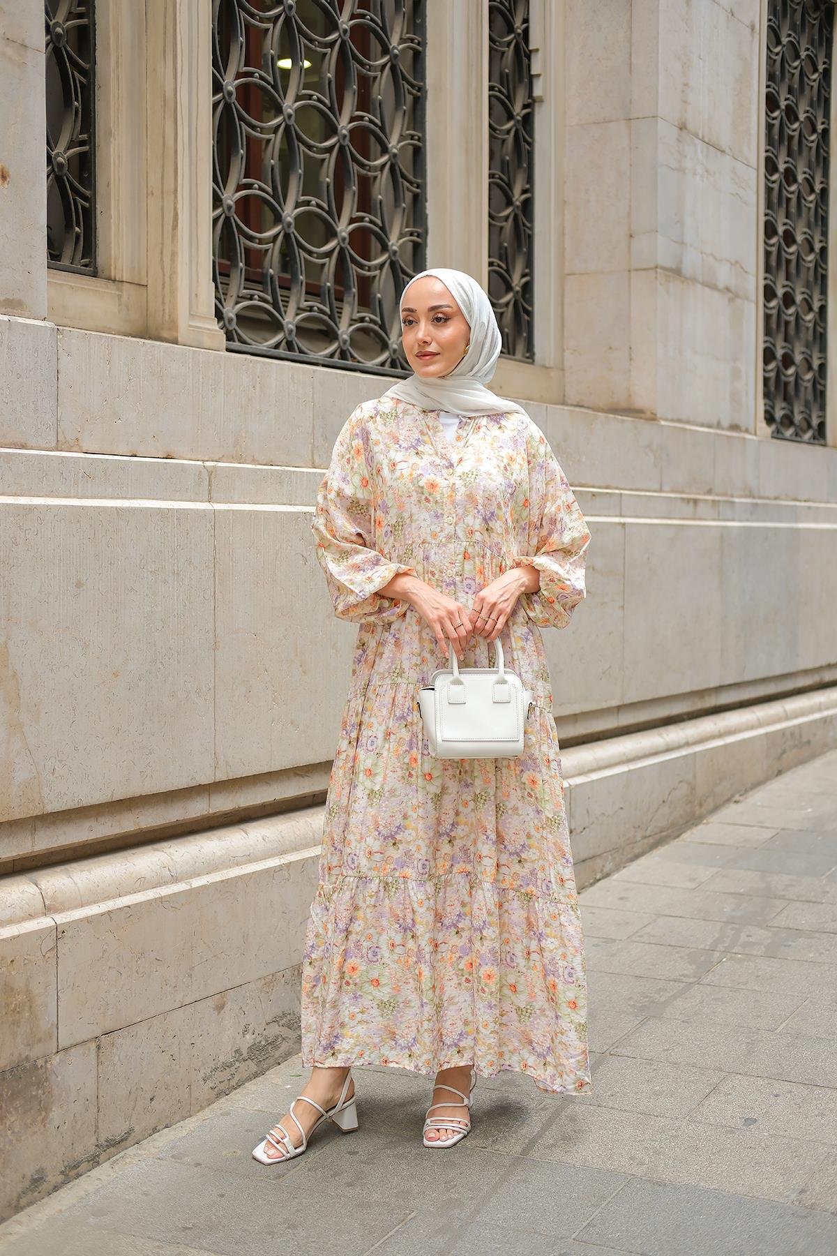 Çiçek Desenli Elbise Yeşil