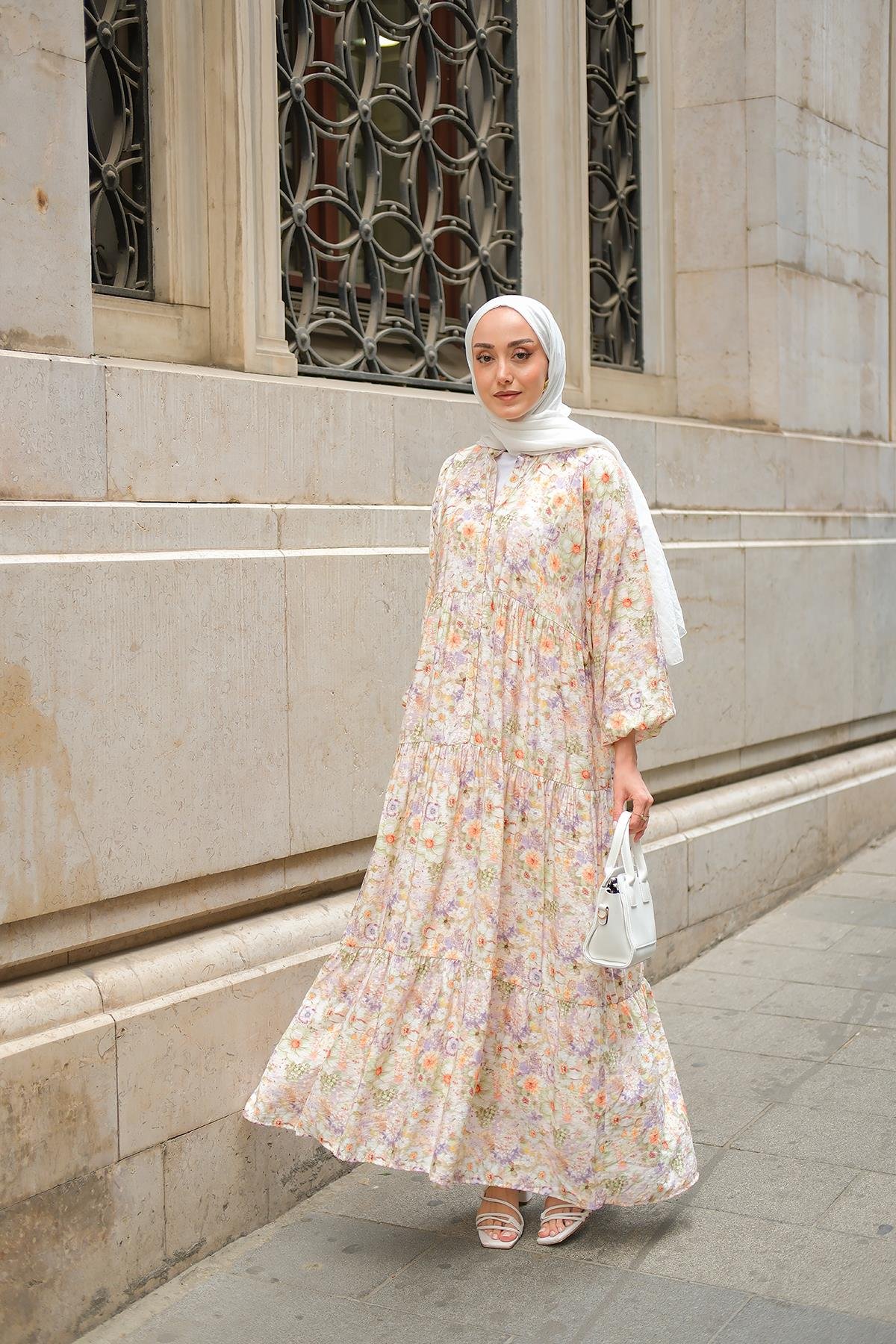 Çiçek Desenli Elbise Yeşil