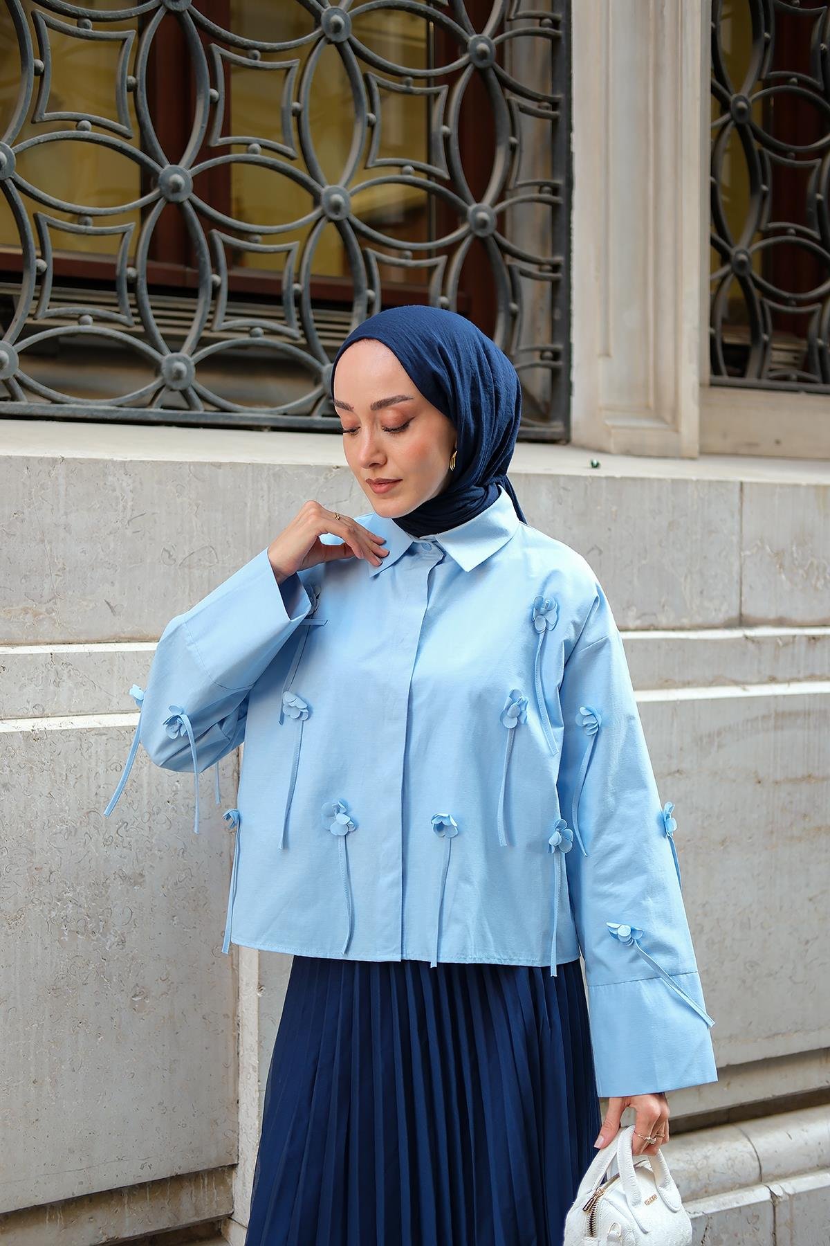 Çicek Desenli Gömlek Bebe Mavi