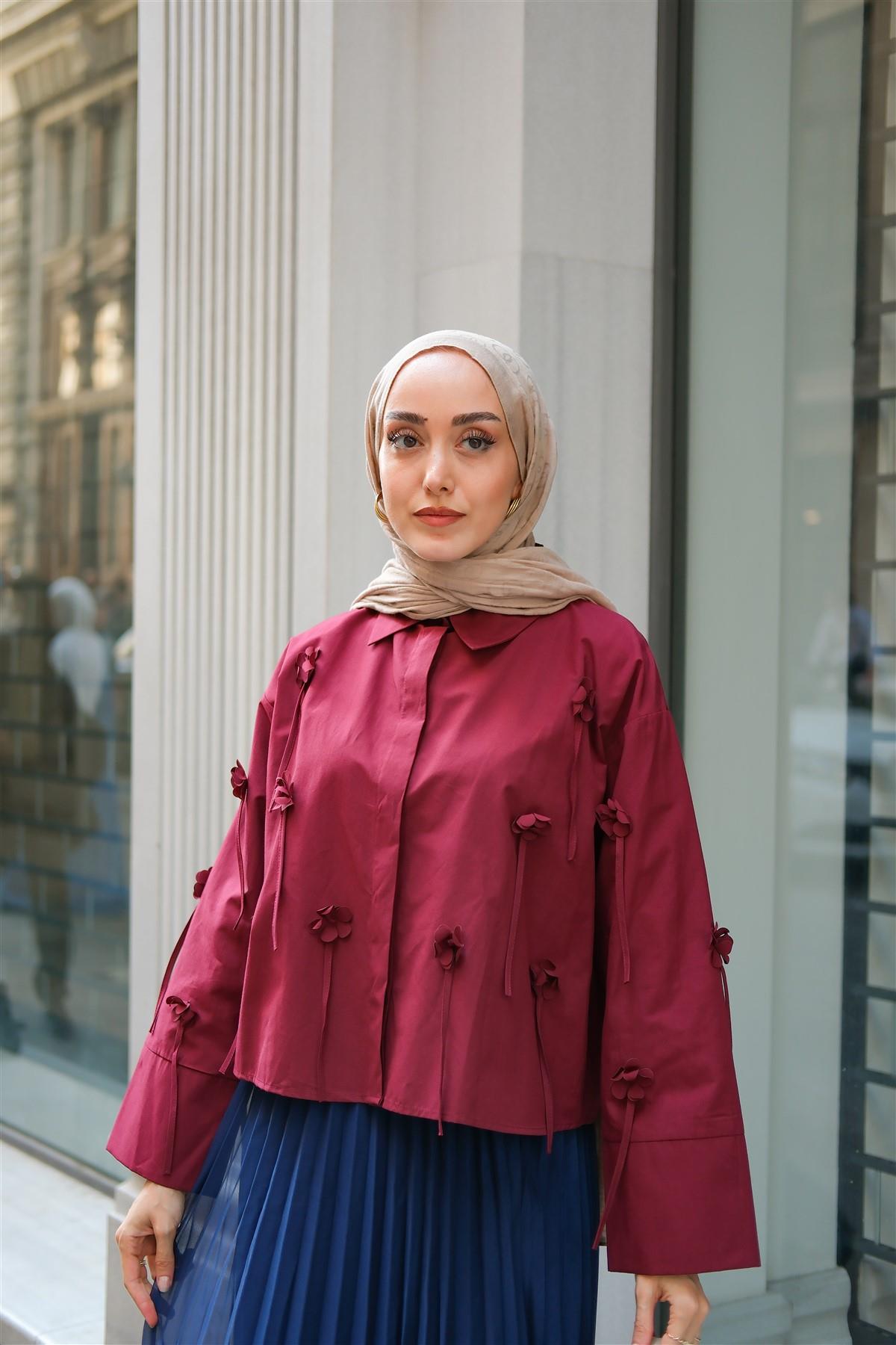 Çicek Desenli Gömlek Bordo