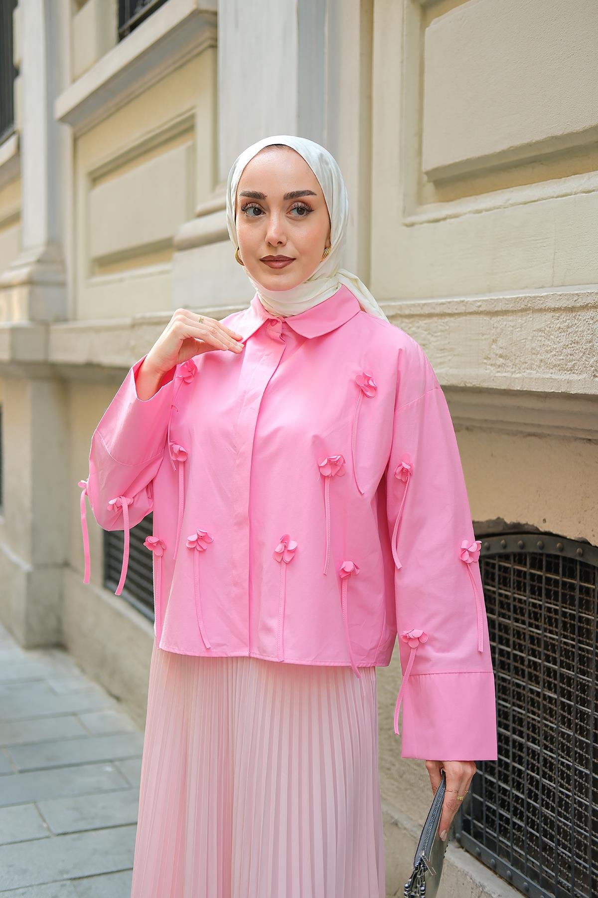 Çicek Desenli Gömlek Pembe